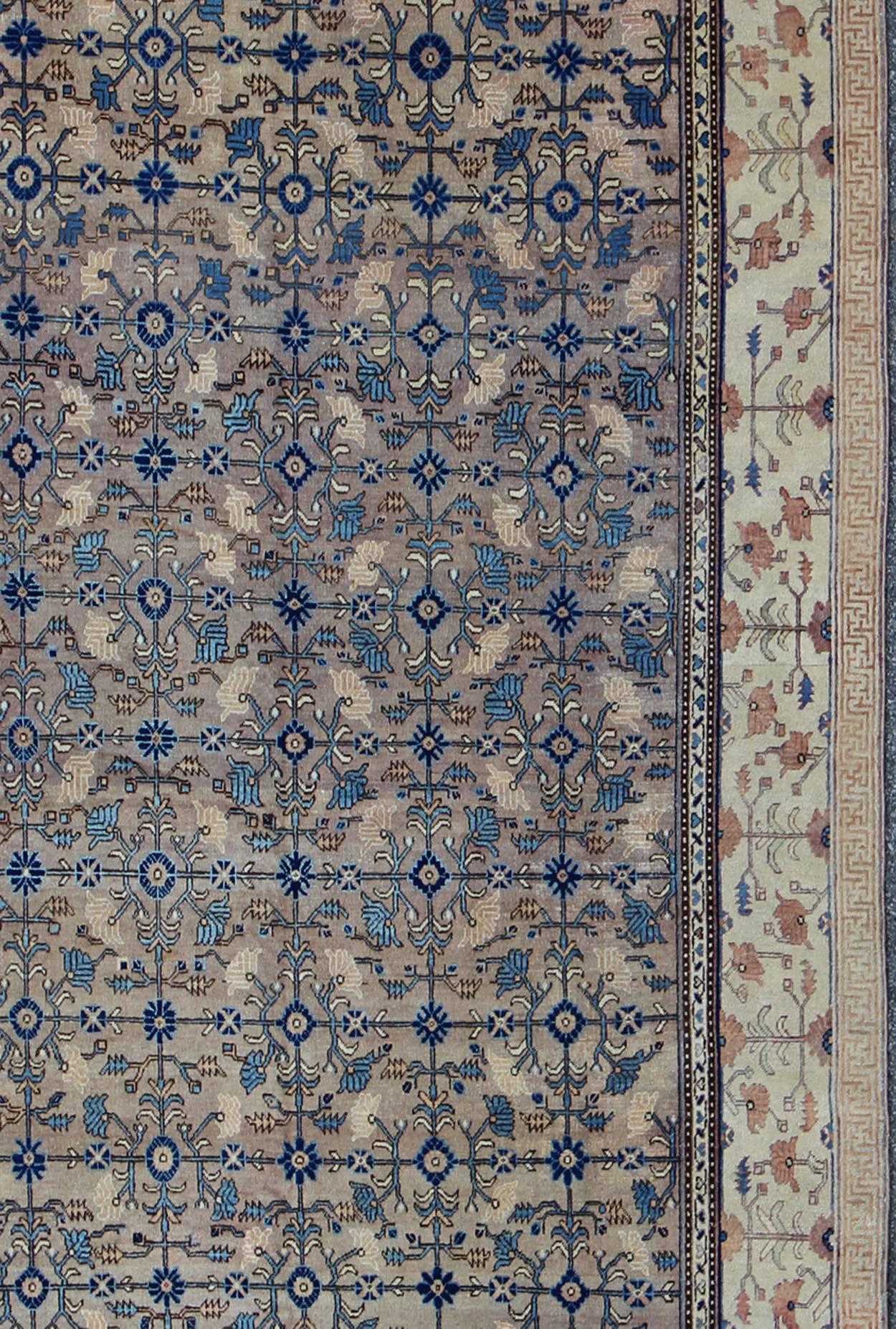 Hand-Knotted Antique Khotan Rug with All-Over Floral Blossom Design in Gray, Ivory and Blue