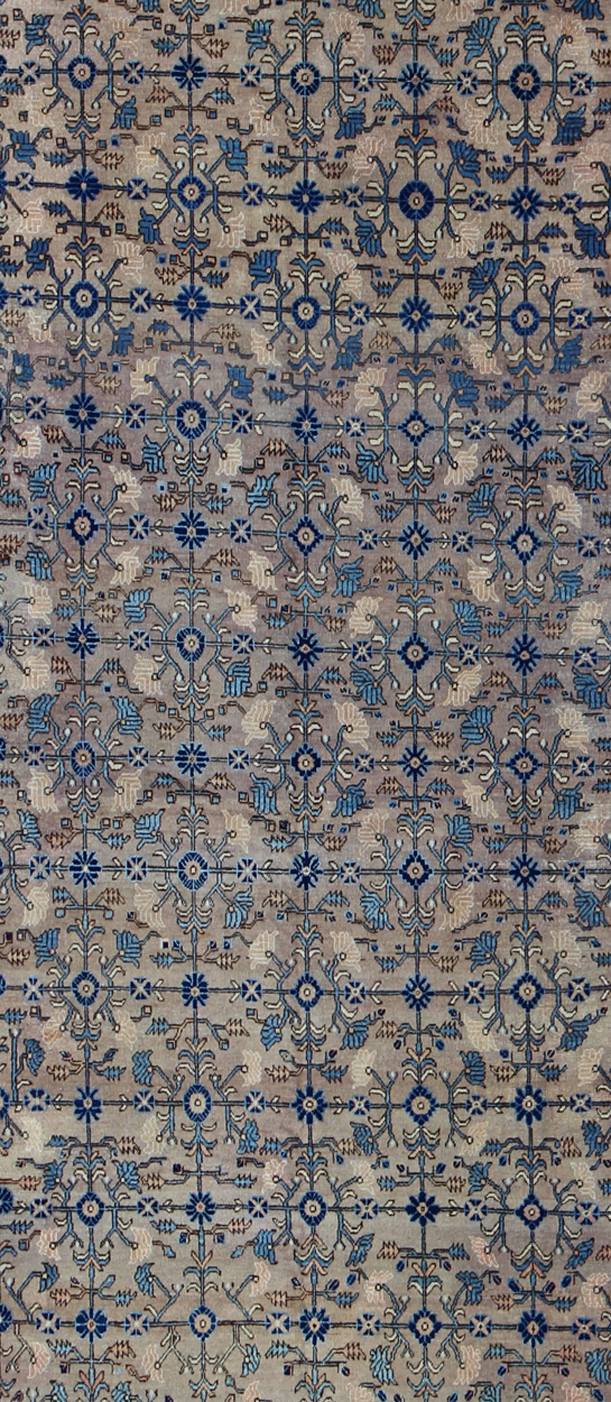 East Turkestani Antique Khotan Rug with All-Over Floral Blossom Design in Gray, Ivory and Blue