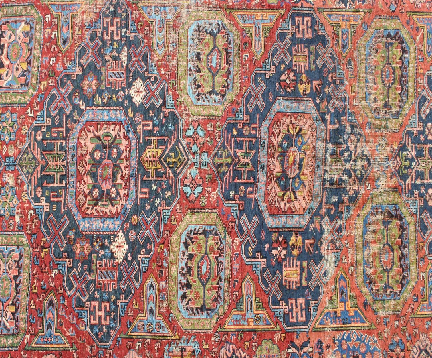 Sumak Antique Caucasian 19th Century Sumac Rug in Varying Colors of Red, Green & Blue