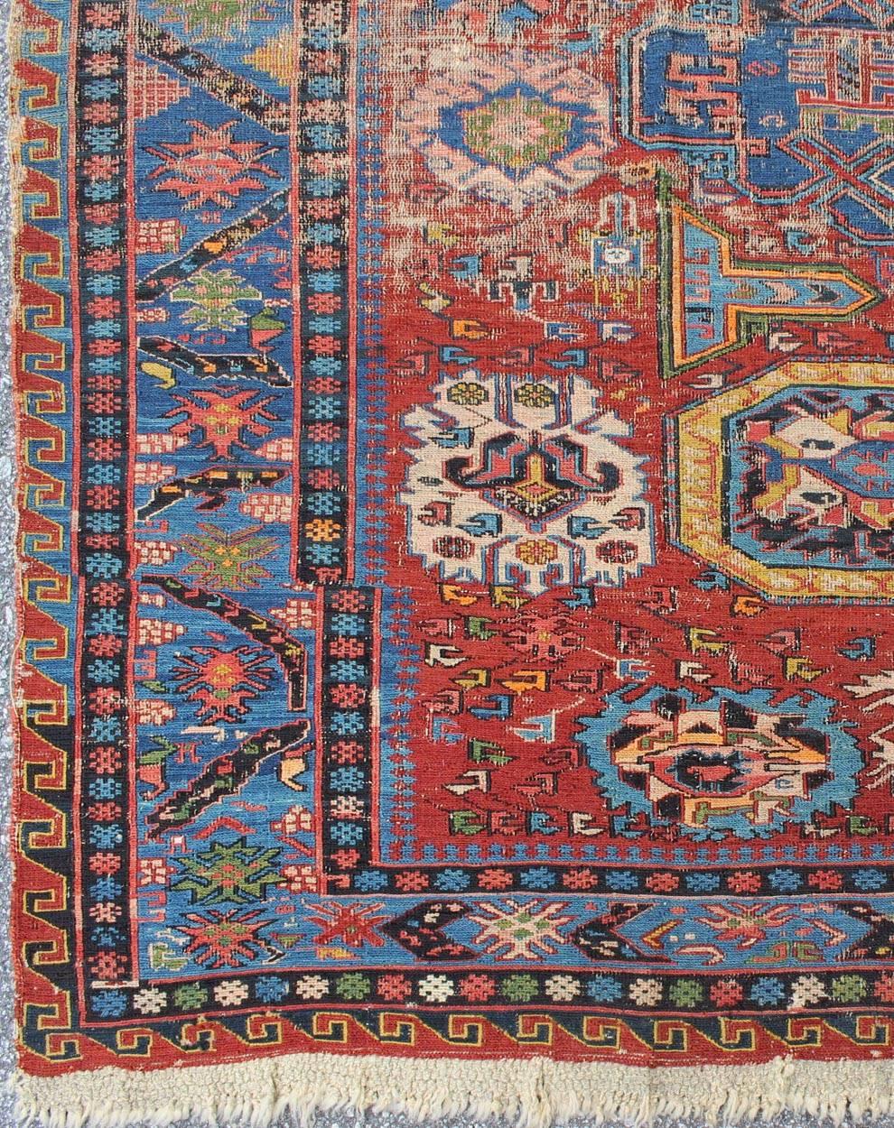This magnificent antique Caucasian Sumac rug from the late 19th century Caucuses features an all-over pattern
that lends itself well to the detailed weft-wrapped weaving technique known as Sumac. All-over medallions, motifs and radiant appendages