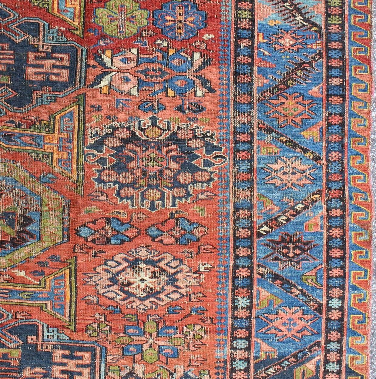 Hand-Woven Antique Caucasian 19th Century Sumac Rug in Varying Colors of Red, Green & Blue