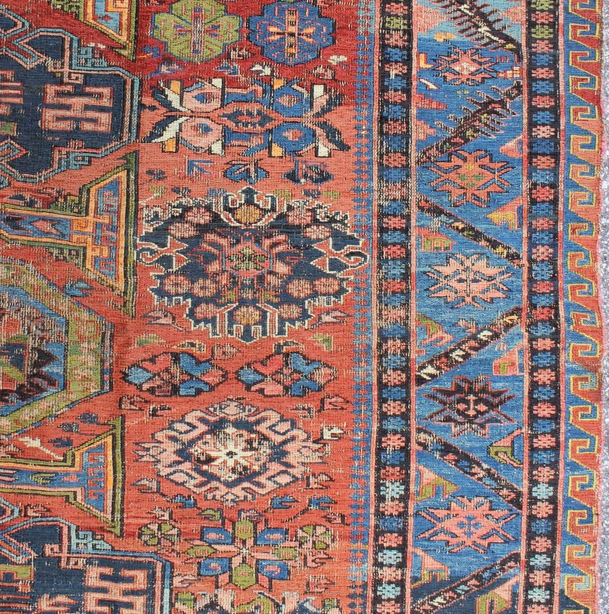 Hand-Woven Antique Caucasian 19th Century Sumac Rug in Varying Colors of Red, Green & Blue