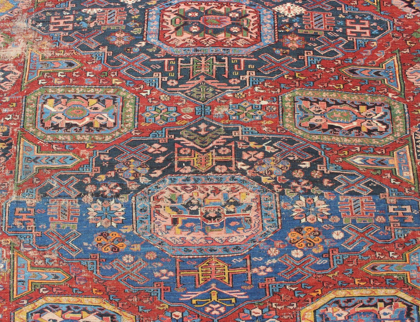 Antique Caucasian 19th Century Sumac Rug in Varying Colors of Red, Green & Blue In Good Condition In Atlanta, GA