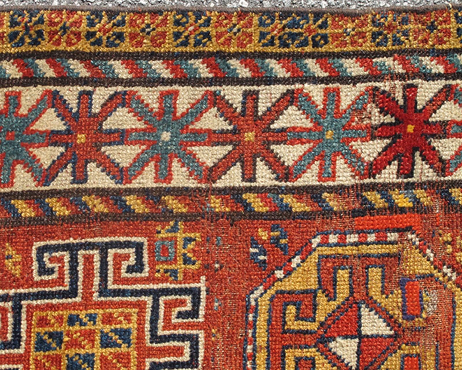 Late 19th Century Unique Antique Qashqai Rug with Geometric Motifs in Red, Blue, and Golden Yellow For Sale