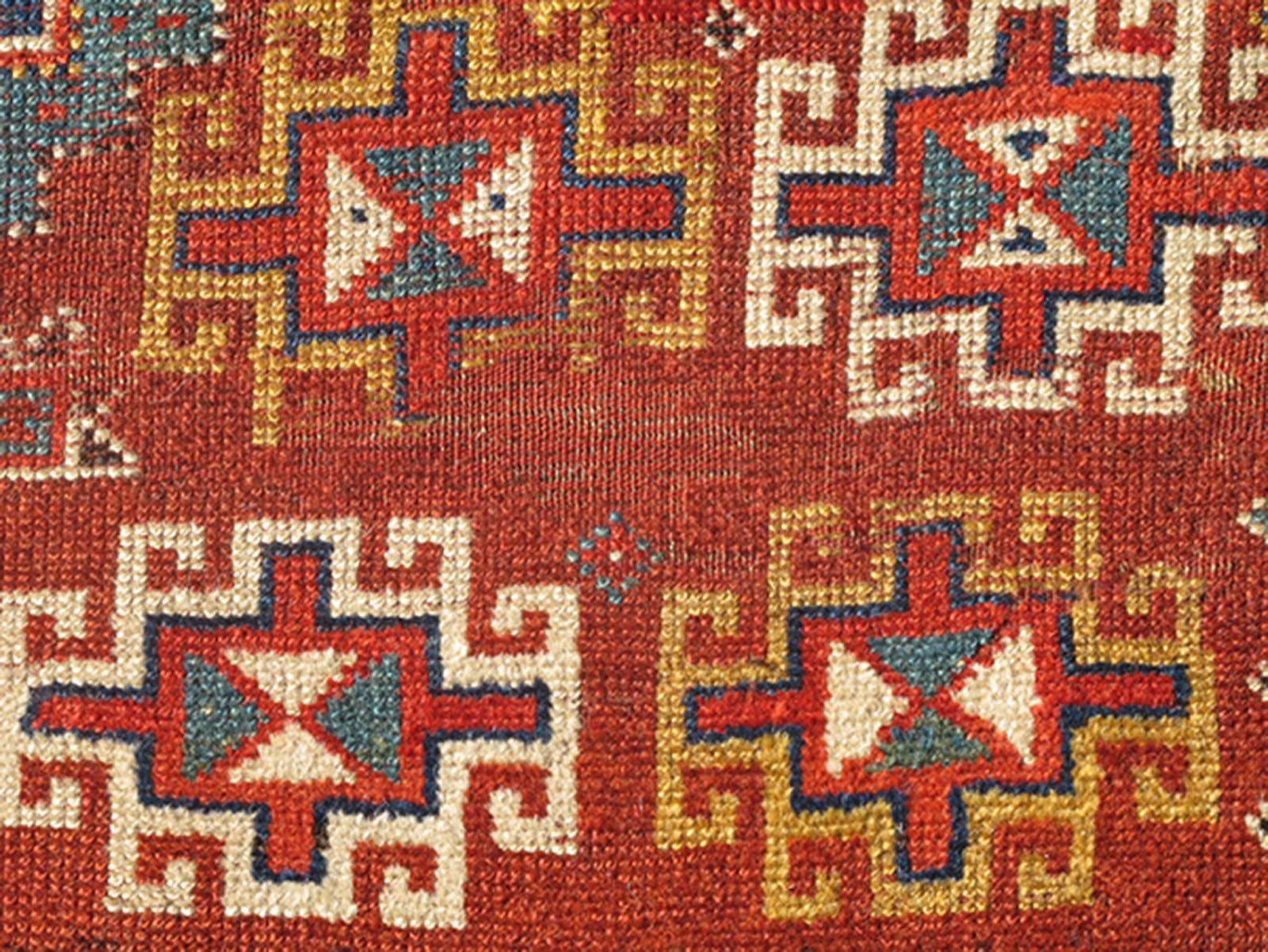 Unique Antique Qashqai Rug with Geometric Motifs in Red, Blue, and Golden Yellow For Sale 1