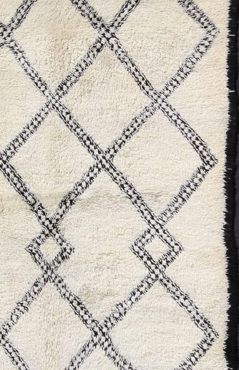 Tribal Large White Background Vintage Beni Ourain Moroccan Rug with Charcoal Diamonds For Sale