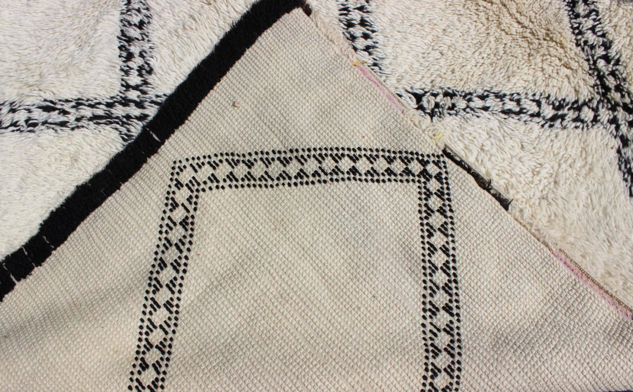Hand-Knotted Large White Background Vintage Beni Ourain Moroccan Rug with Charcoal Diamonds For Sale