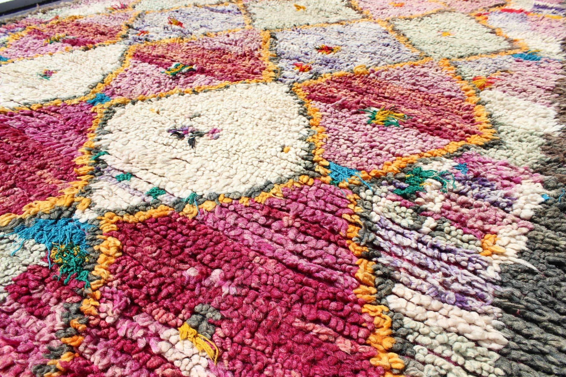 Hand-Knotted Colorful Vintage Moroccan Rug with Pink, Yellow, Turquoise, Ivory, Gray Diamonds