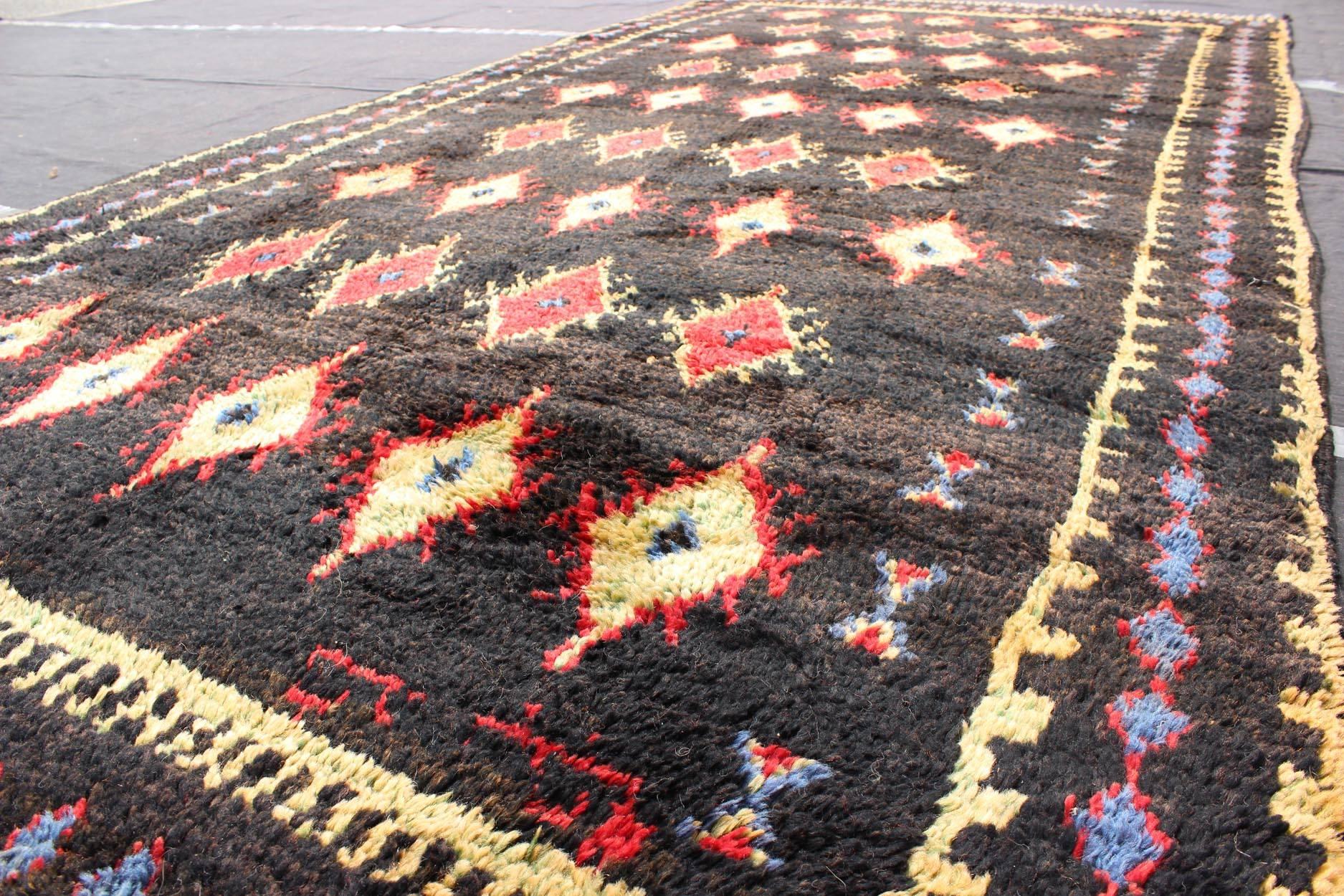 Charcoal Black Background Unique Vintage Moroccan Rug in Red and Yellow In Excellent Condition For Sale In Atlanta, GA