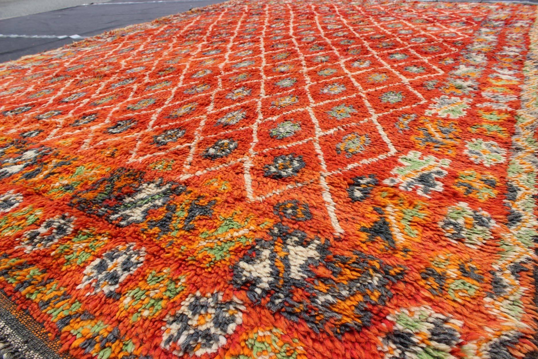 Tribal Orange and Red Background Vintage Moroccan Rug with All-Over Diamond Pattern For Sale