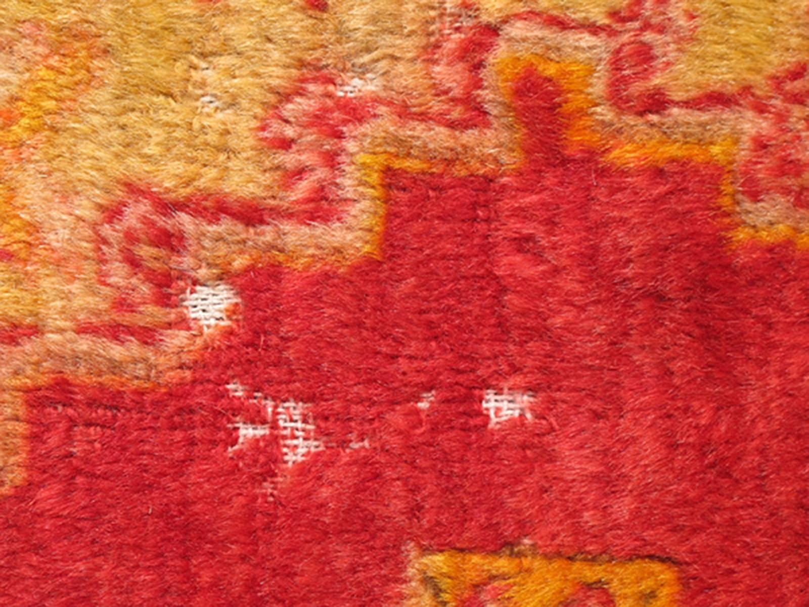 Small Antique Angora Small Turkish Oushak Rug with Vibrant Red, Green and Gold In Good Condition For Sale In Atlanta, GA