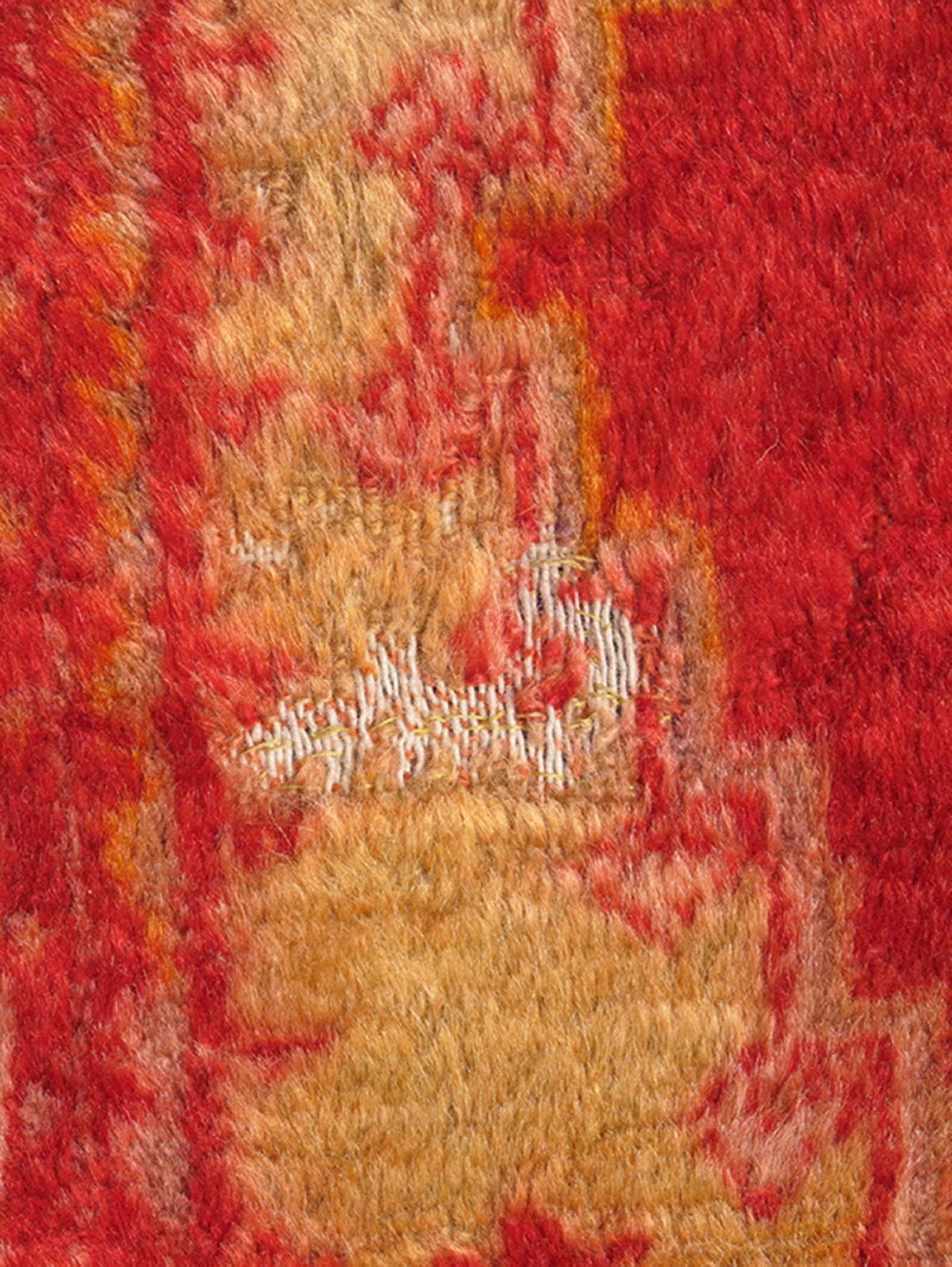 Late 19th Century Small Antique Angora Small Turkish Oushak Rug with Vibrant Red, Green and Gold For Sale
