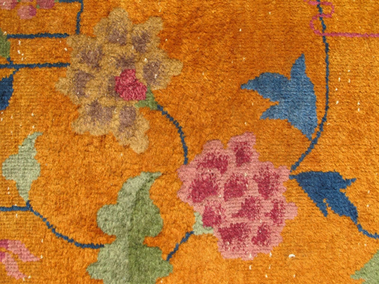 Hand-Knotted Orange Background Art Deco Chinese Rug with Large Tree and Vining Flowers