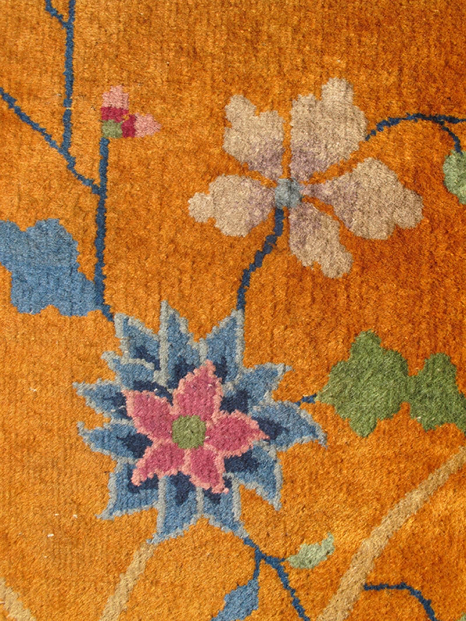 Orange Background Art Deco Chinese Rug with Large Tree and Vining Flowers In Good Condition In Atlanta, GA