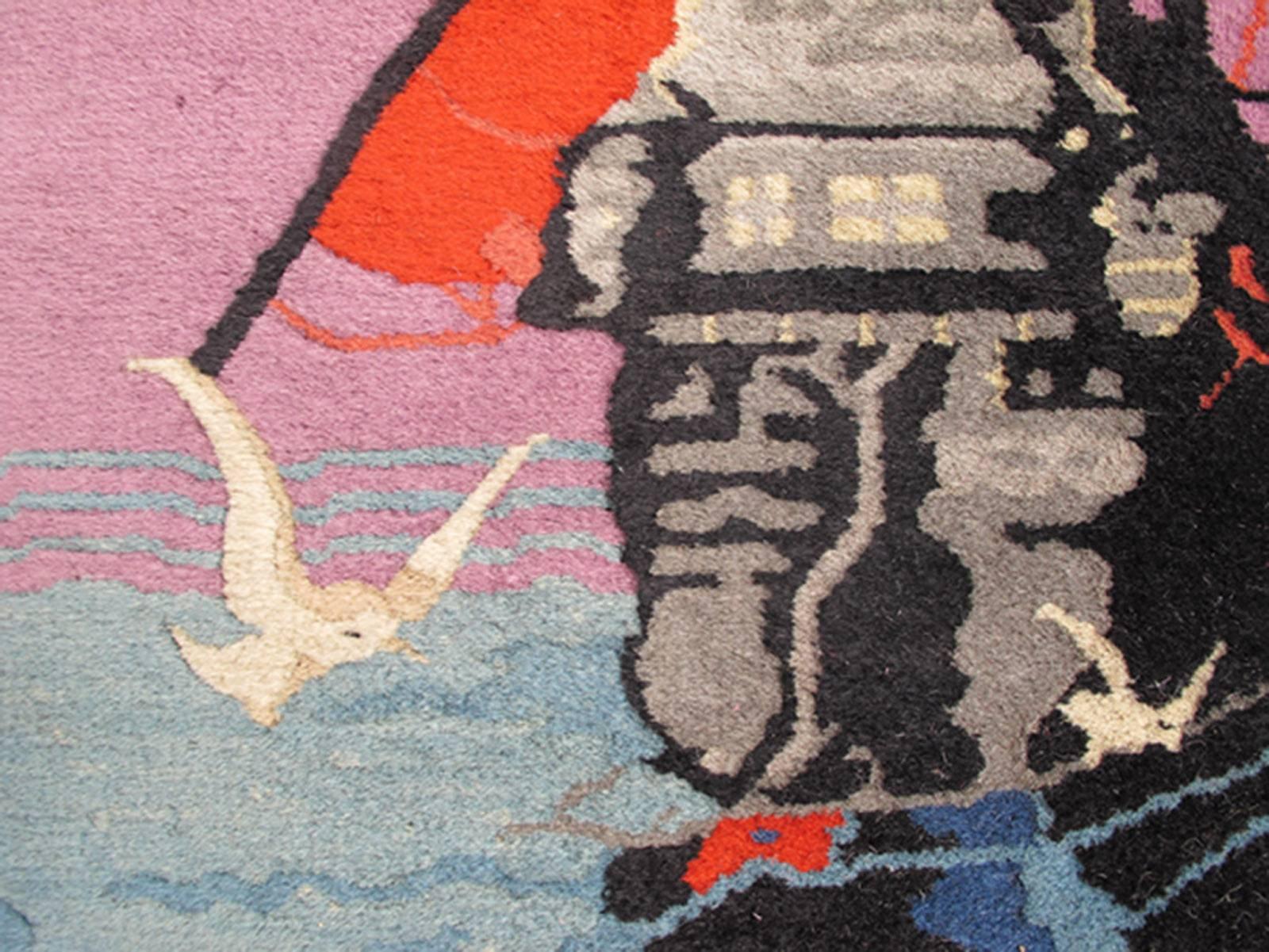 1920s Chinese Art Deco Rug with Sailing Ship and Birds in Bright Pink and Orange In Excellent Condition In Atlanta, GA