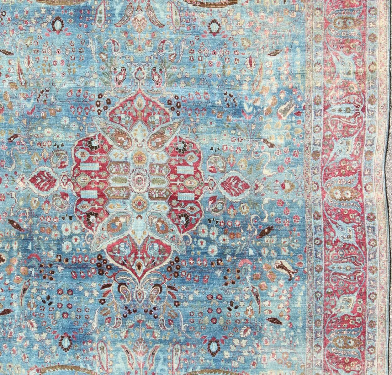 Early 20th Century Blue Background Antique Persian Khorassan Rug with Medallion In Good Condition For Sale In Atlanta, GA