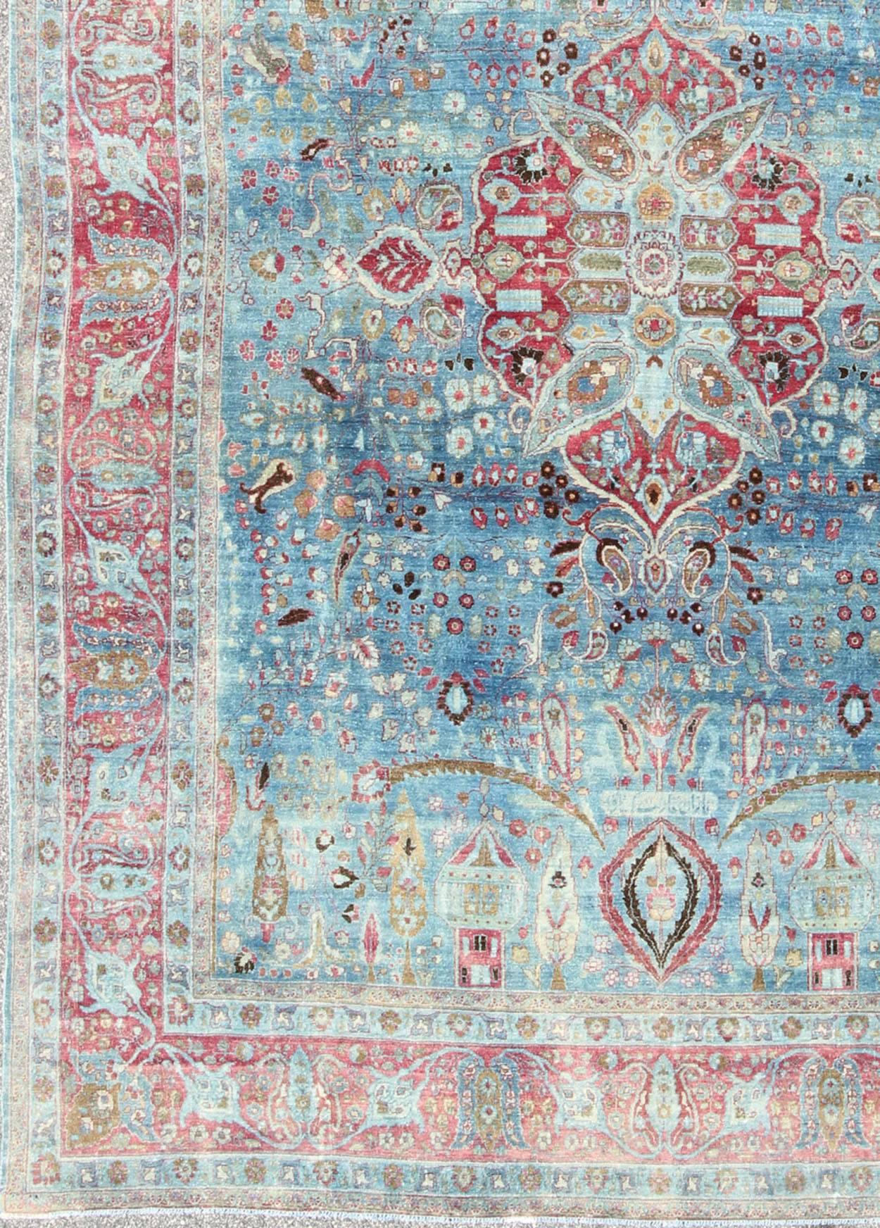 Early 20th century blue background antique Persian Khorassan rug with Medallion, rug 16-1109, country of origin / type: Iran / Khorassan, circa 1920

This spectacular antique Persian Khorasan rug (circa 1920) from early 20th century Iran bears a