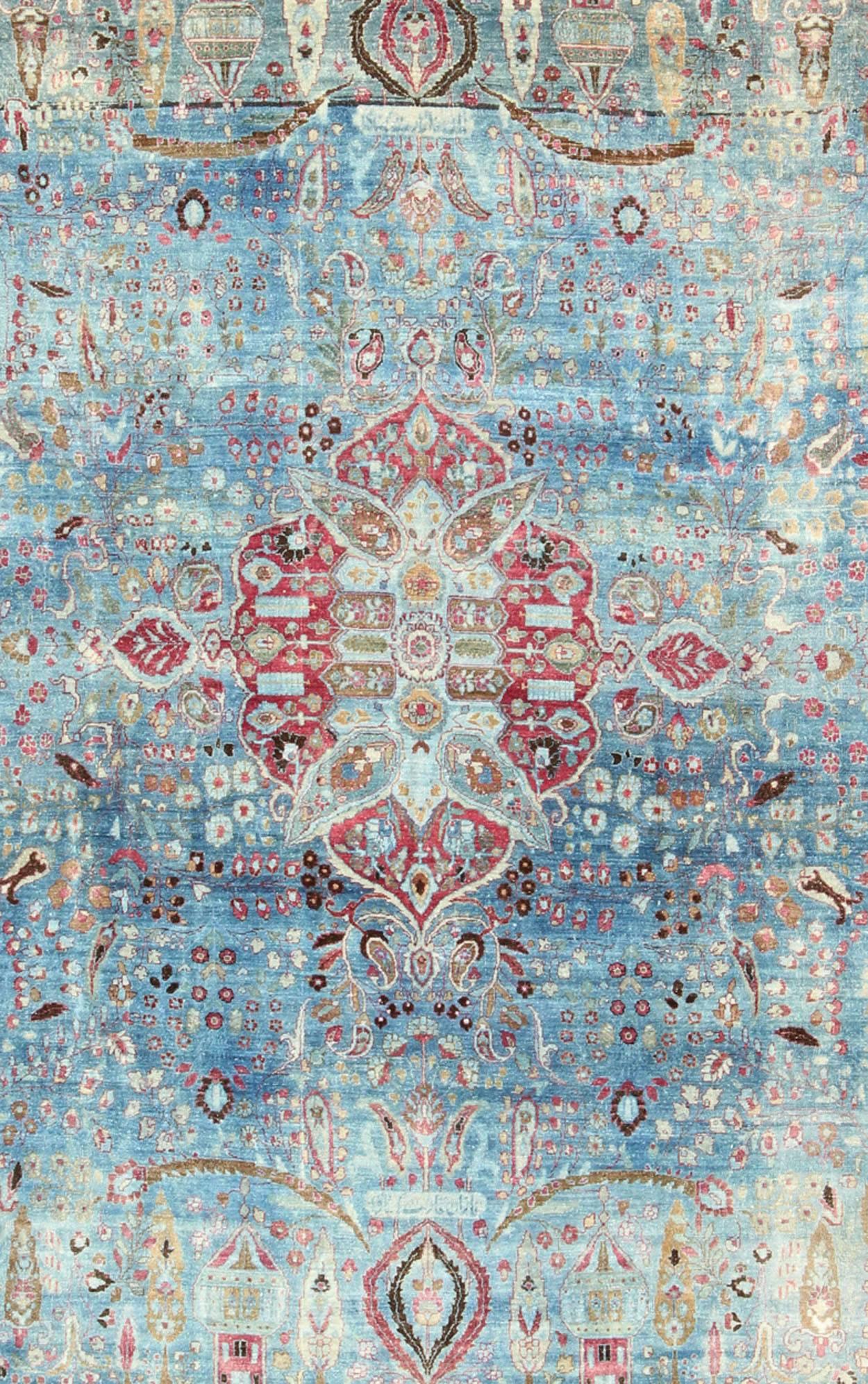 Hand-Knotted Early 20th Century Blue Background Antique Persian Khorassan Rug with Medallion For Sale