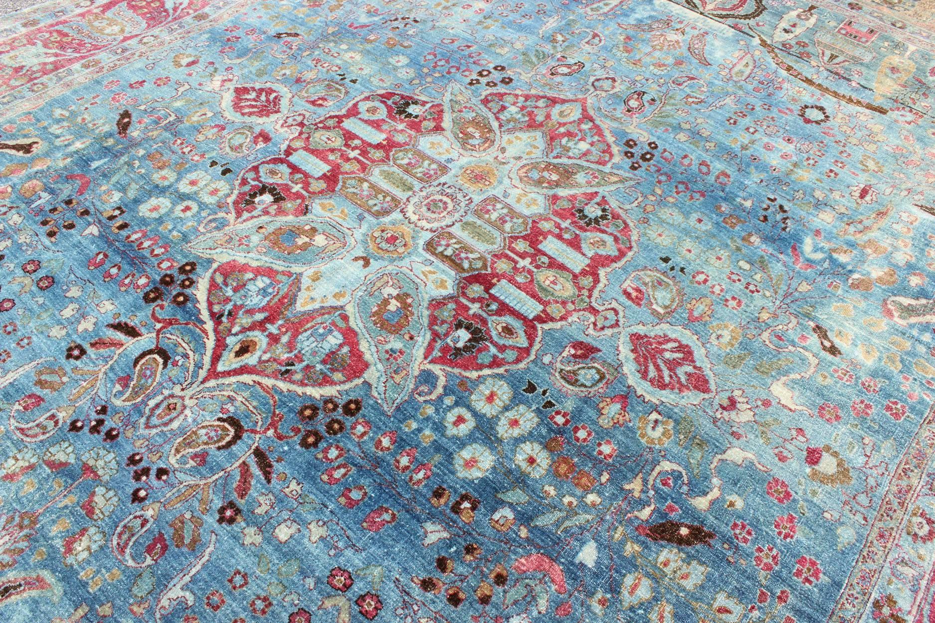 Wool Early 20th Century Blue Background Antique Persian Khorassan Rug with Medallion For Sale