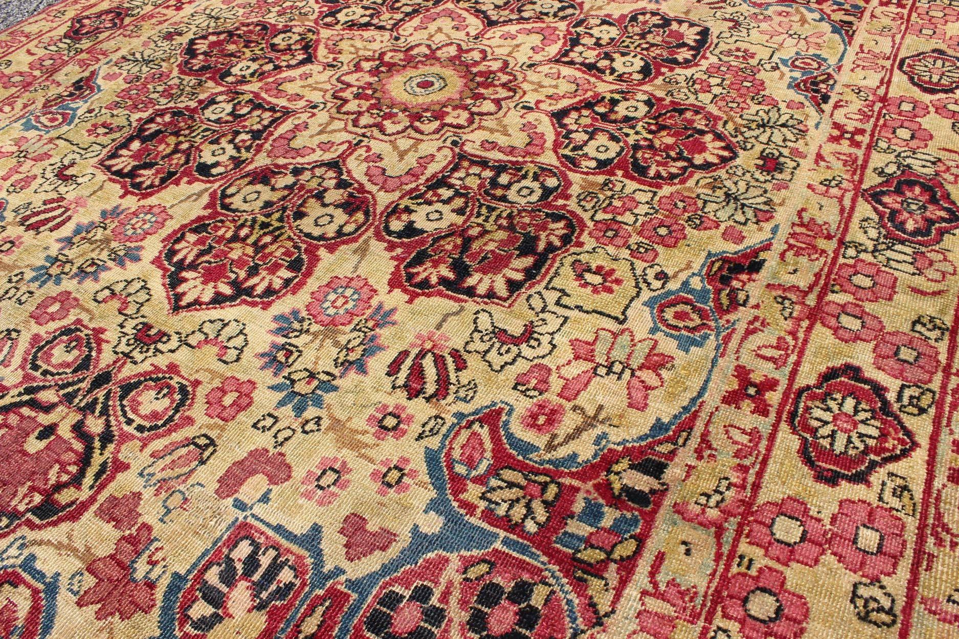 Kirman Late 19th Century Antique Lavar-Kerman Rug with Red and Pink Floral Medallion For Sale