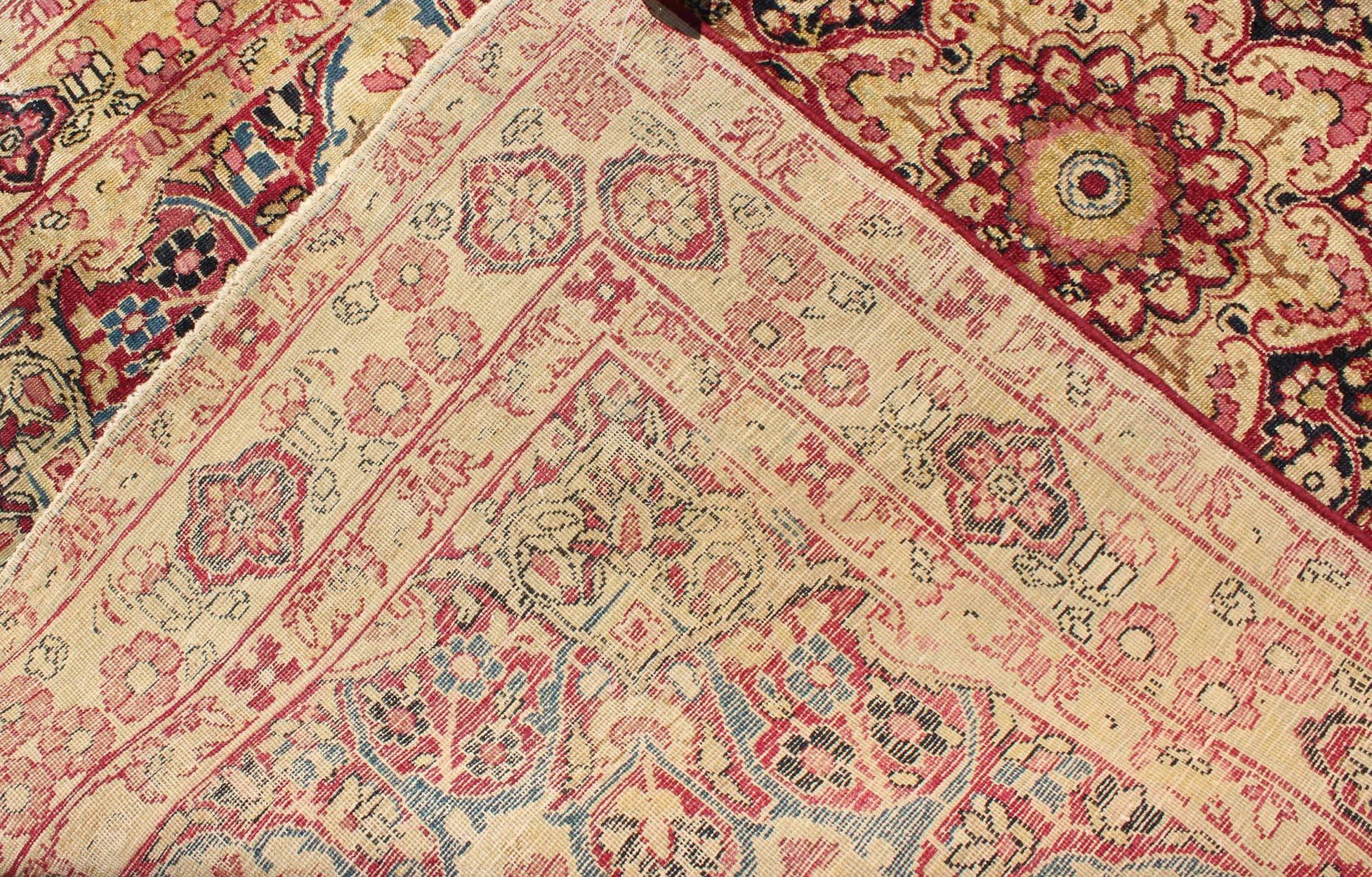 Persian Late 19th Century Antique Lavar-Kerman Rug with Red and Pink Floral Medallion For Sale