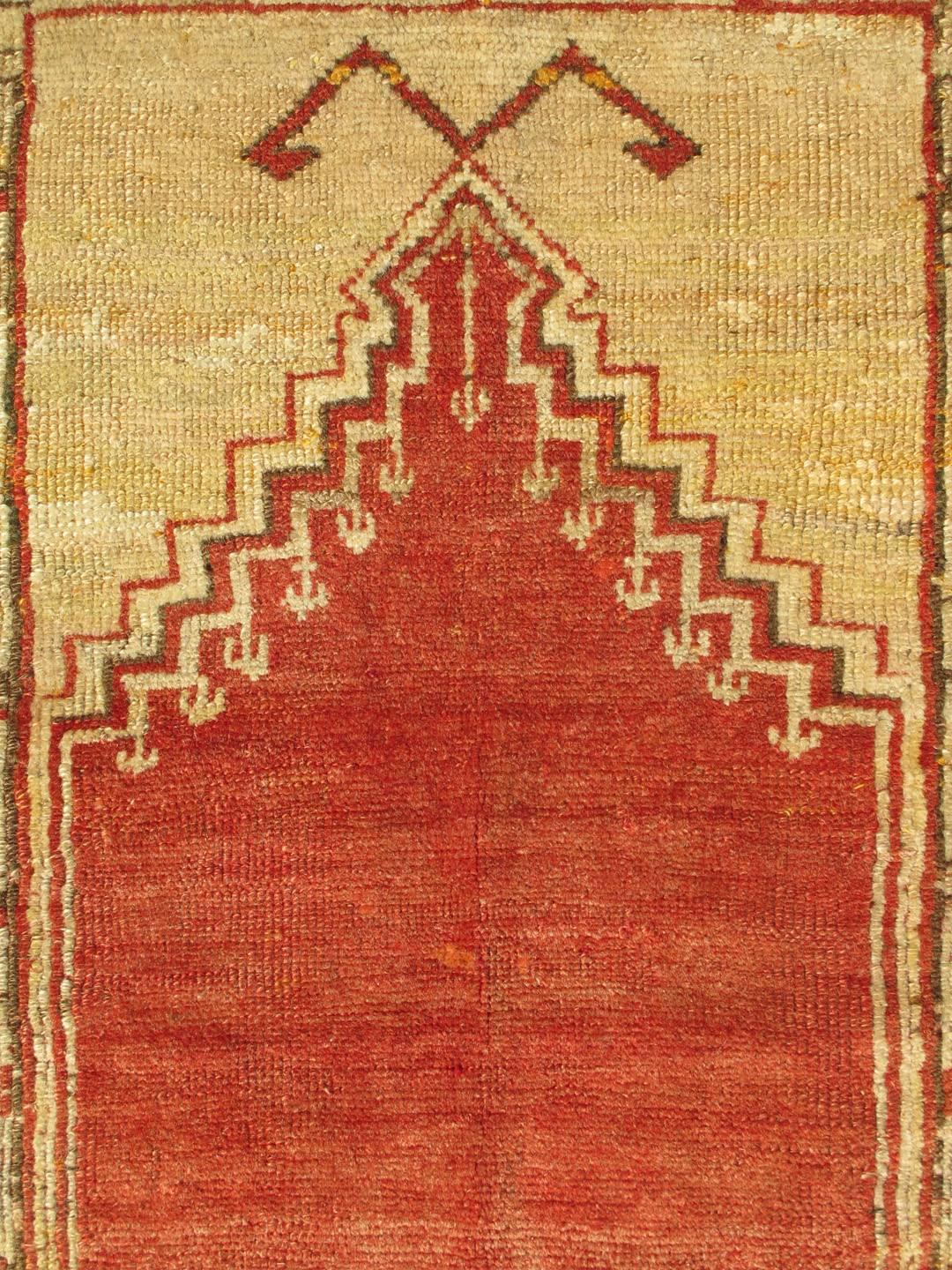 Hand-Knotted Antique Turkish Oushak Prayer Rug in Red, Ivory, Brown, Orange and Yellow, 1910