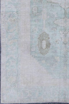 Midcentury Faded Vintage Turkish Oushak Rug with Medallion in Light Pink & Teal