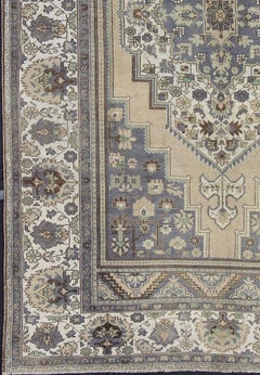Vintage Turkish Oushak Rug with Floral Medallion in Gray, Ivory and Mint Green