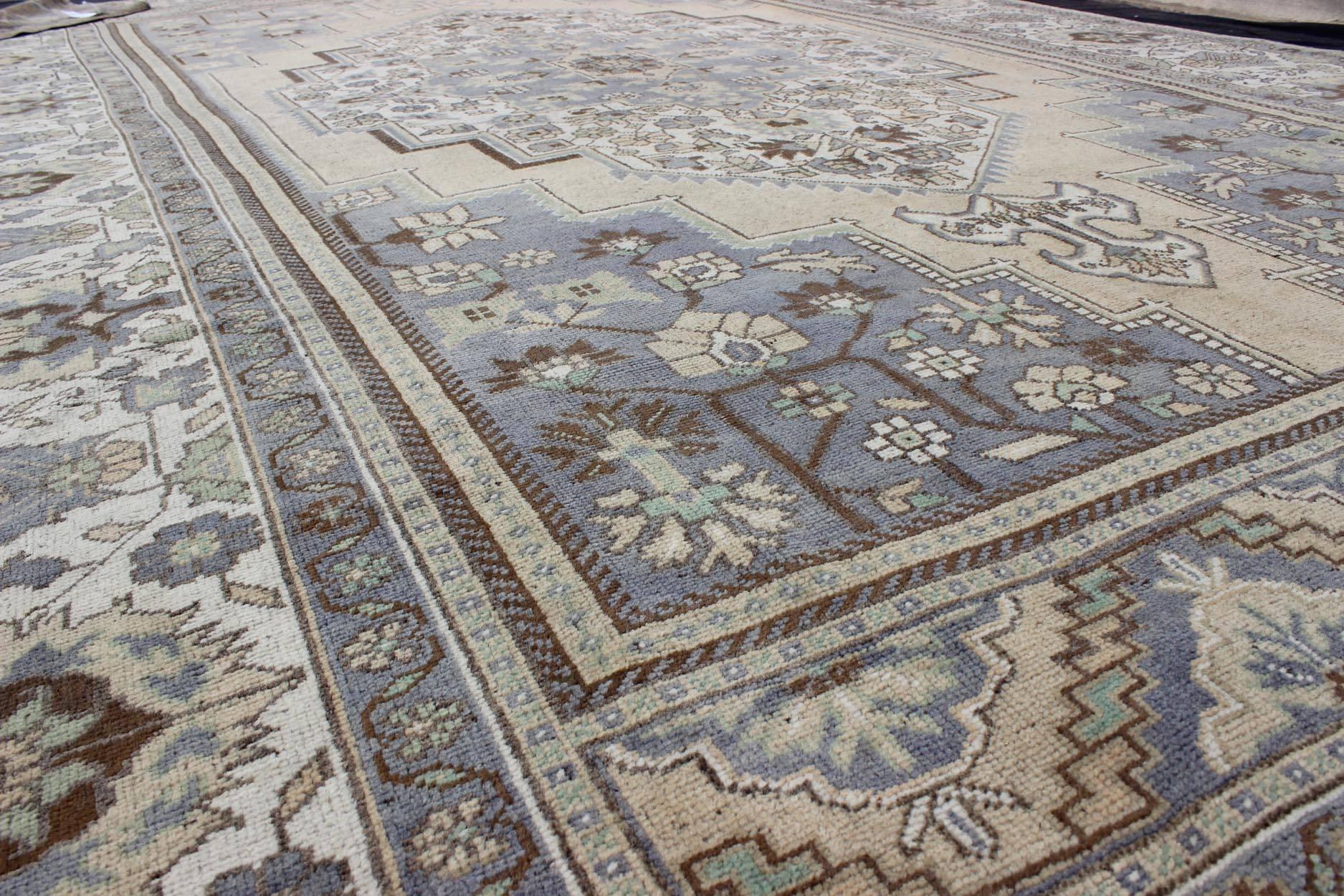 20th Century Vintage Turkish Oushak Rug with Floral Medallion in Gray, Ivory and Mint Green For Sale
