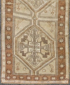 Brown, Camel, Ivory Long Turkish Oushak Runner with Geometric Tribal Medallions