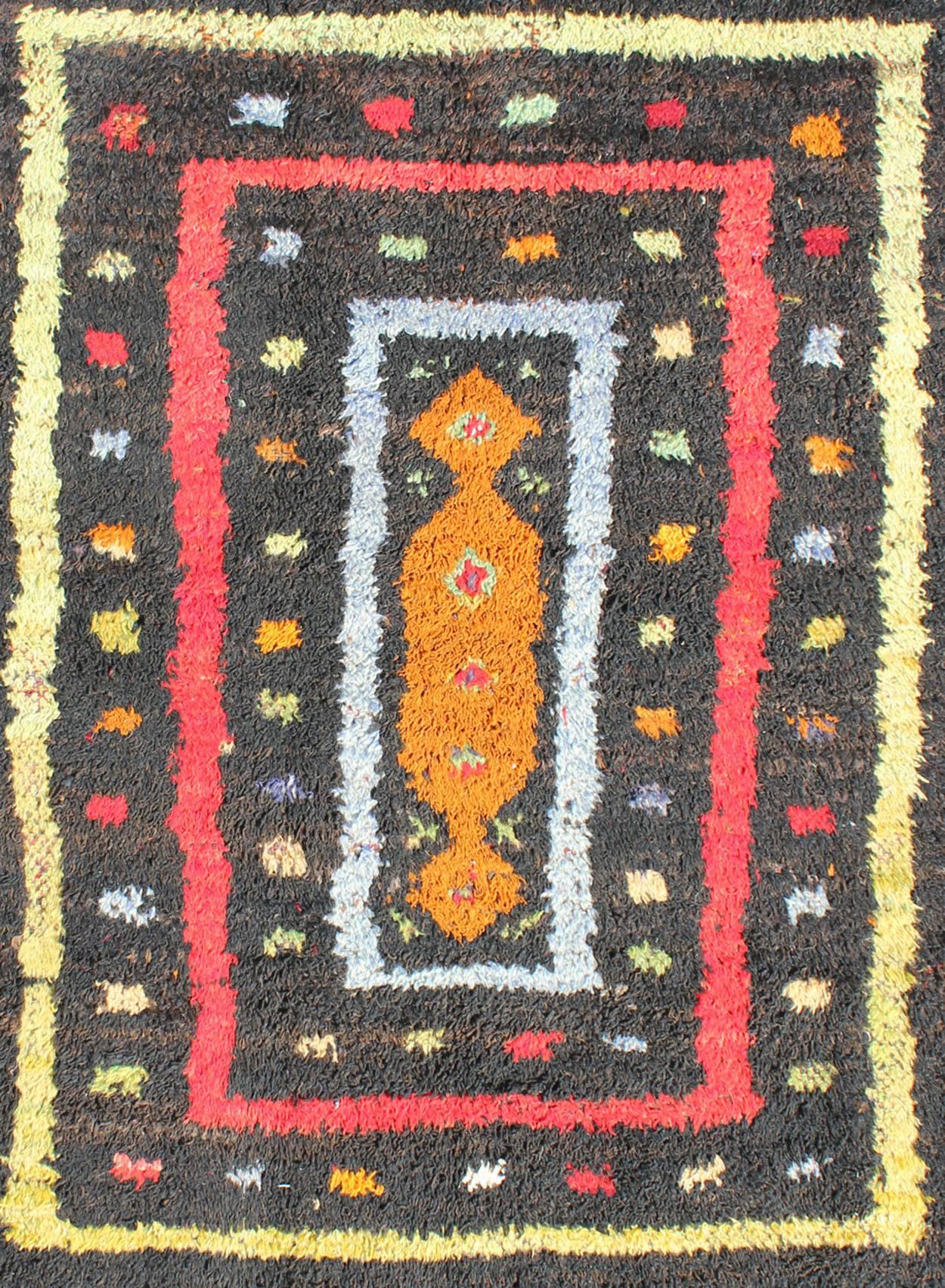 Vintage Turkish Tulu Rug with Tribal Pattern in Black, Yellow, Red, Blue and Red In Excellent Condition For Sale In Atlanta, GA