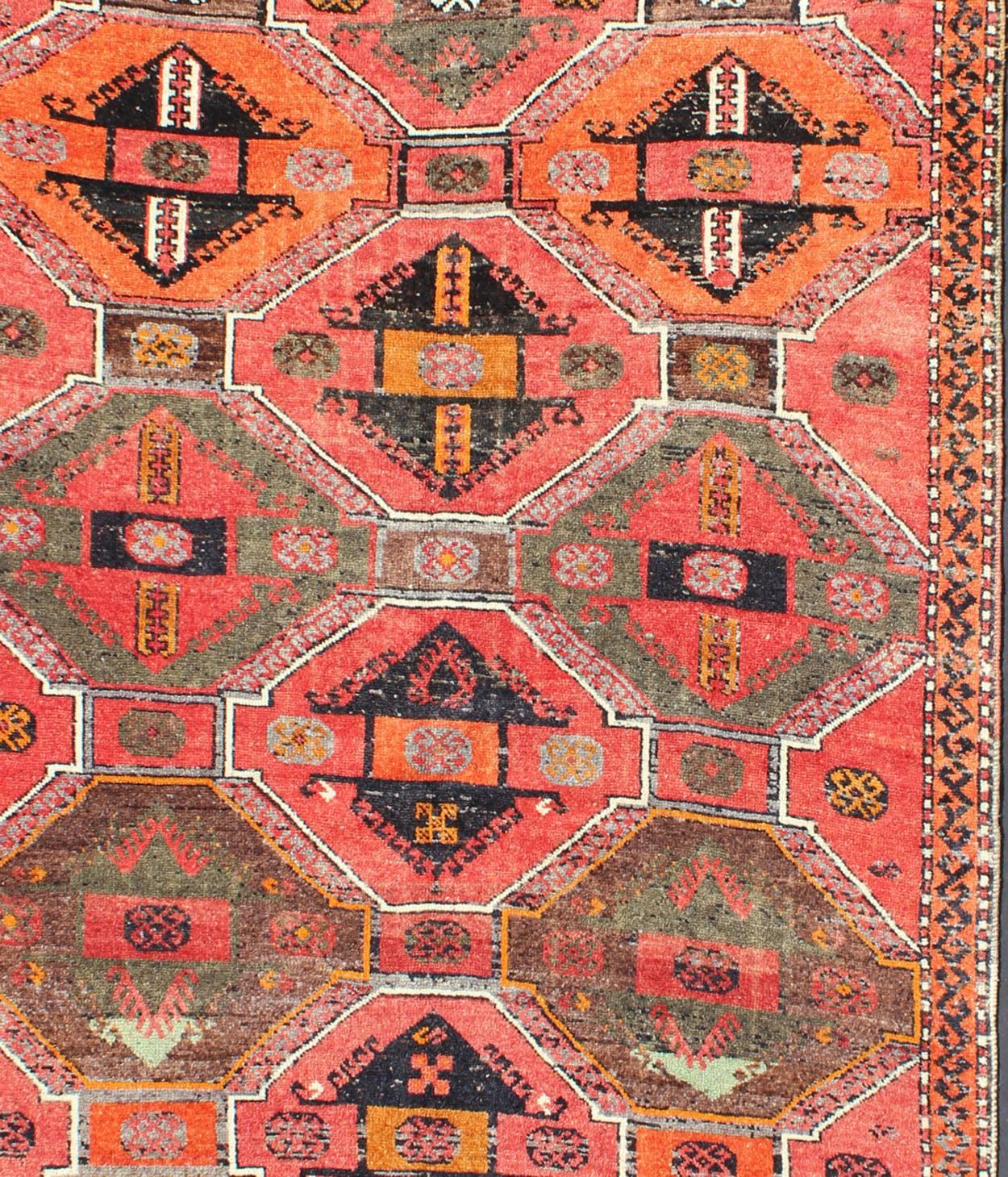 Hand-Knotted Geometric Medallions Vintage Tribal Oushak Rug in Red, Orange, Charcoal & Brown For Sale