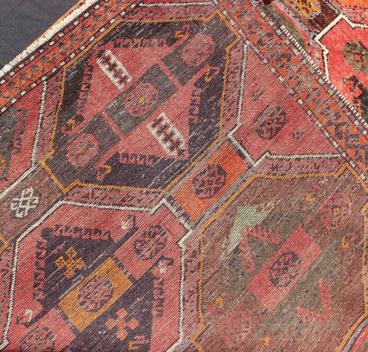 Geometric Medallions Vintage Tribal Oushak Rug in Red, Orange, Charcoal & Brown In Excellent Condition For Sale In Atlanta, GA