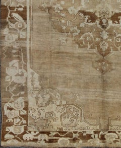 Brown, Tan, Sand & Ivory Vintage Turkish Oushak Rug with Floral Center Medallion