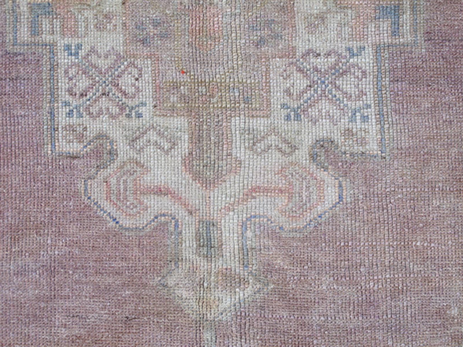 Turkish Vintage Muted Oushak Rug from Turkey with Medallion in Lavender and Light Pink For Sale