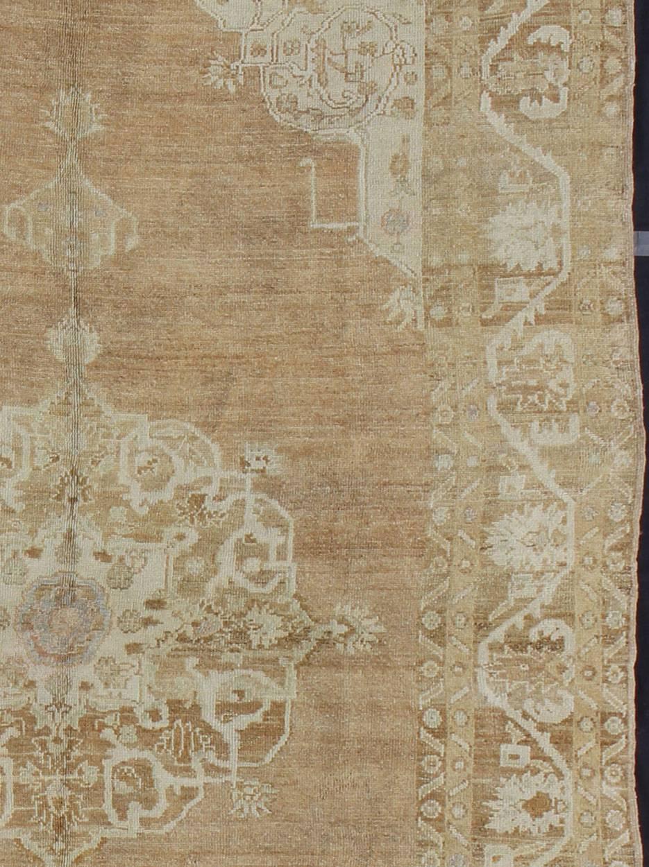 Hand-Knotted Brown and Ivory Vintage Turkish Rug with Flowers and Elegant Medallion For Sale