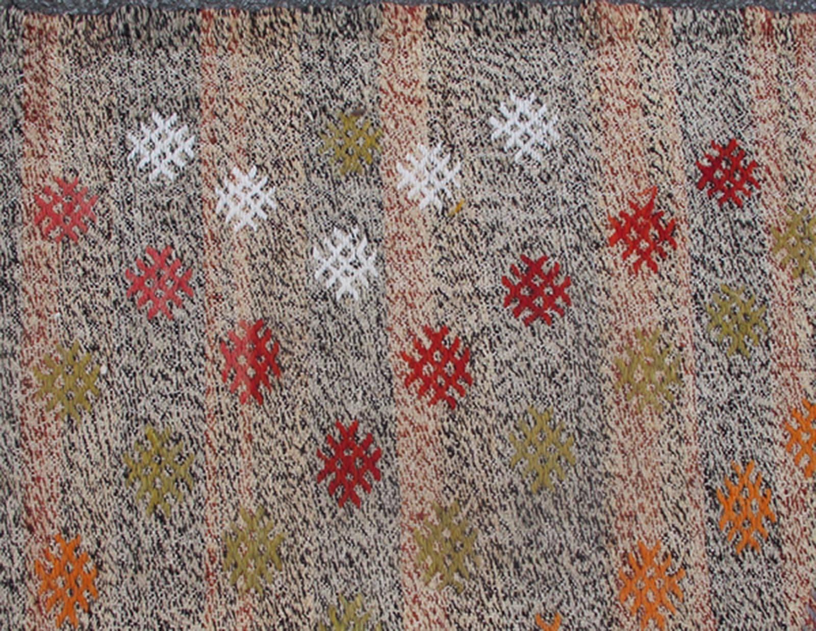 20th Century Turkish Kilim Rug with Taupe and Gray Striped Background and Tribal Diamonds