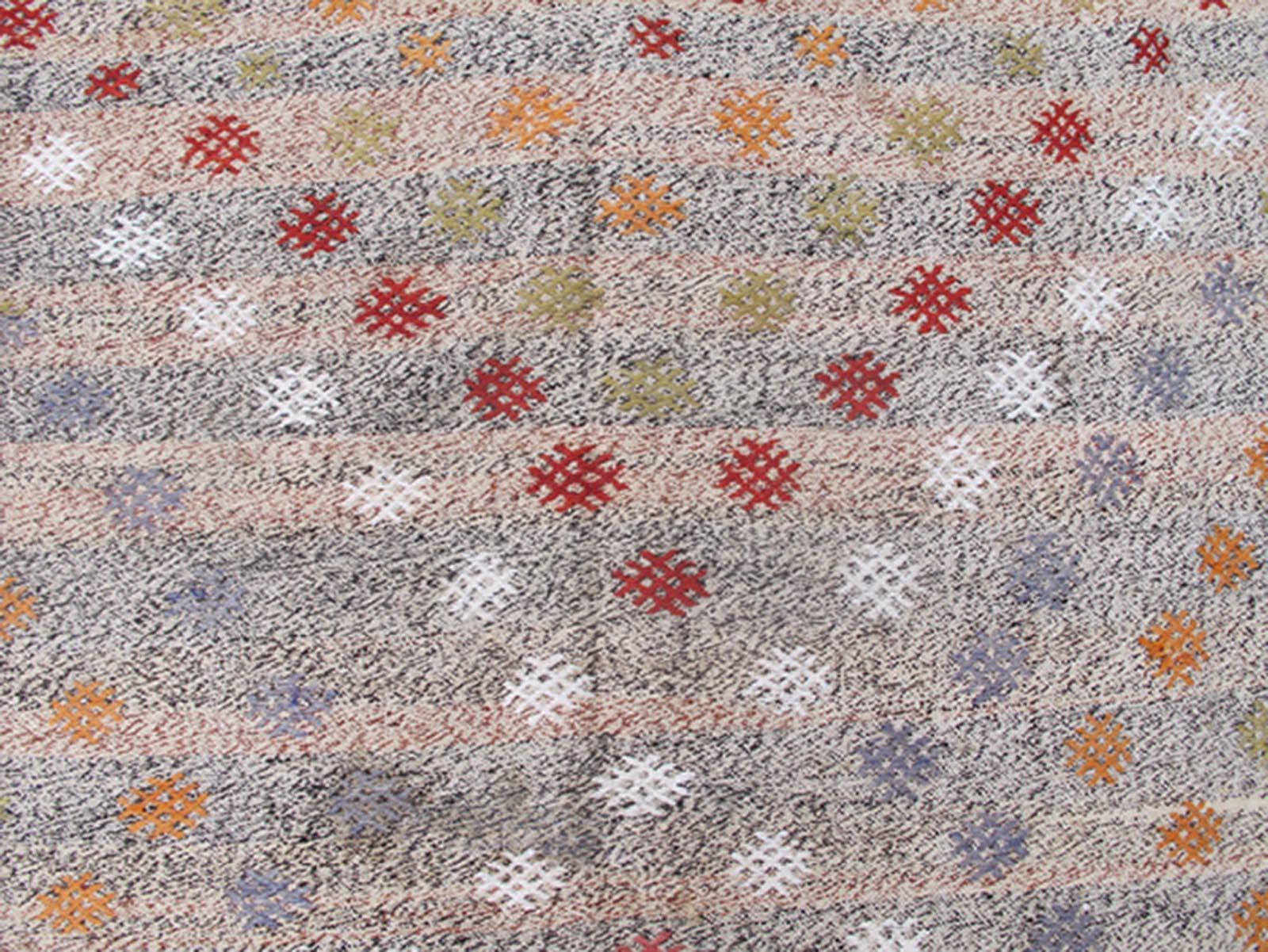 Hand-Woven Turkish Kilim Rug with Taupe and Gray Striped Background and Tribal Diamonds