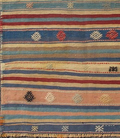 Colorful Vintage Turkish Kilim Rug with Horizontal Stripes and Tribal Designs