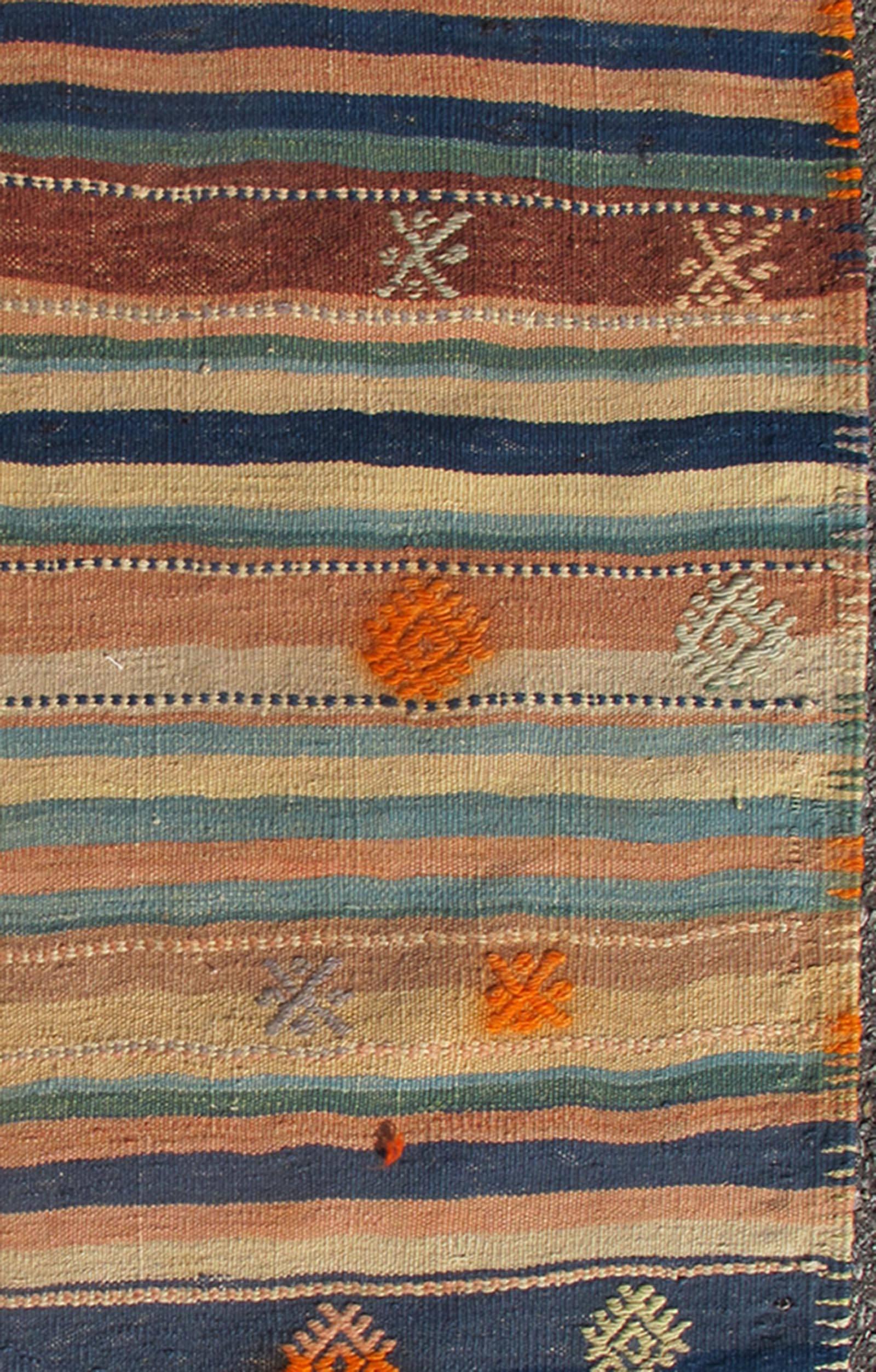 20th Century Colorful Vintage Turkish Kilim Rug with Horizontal Stripes and Tribal Designs For Sale