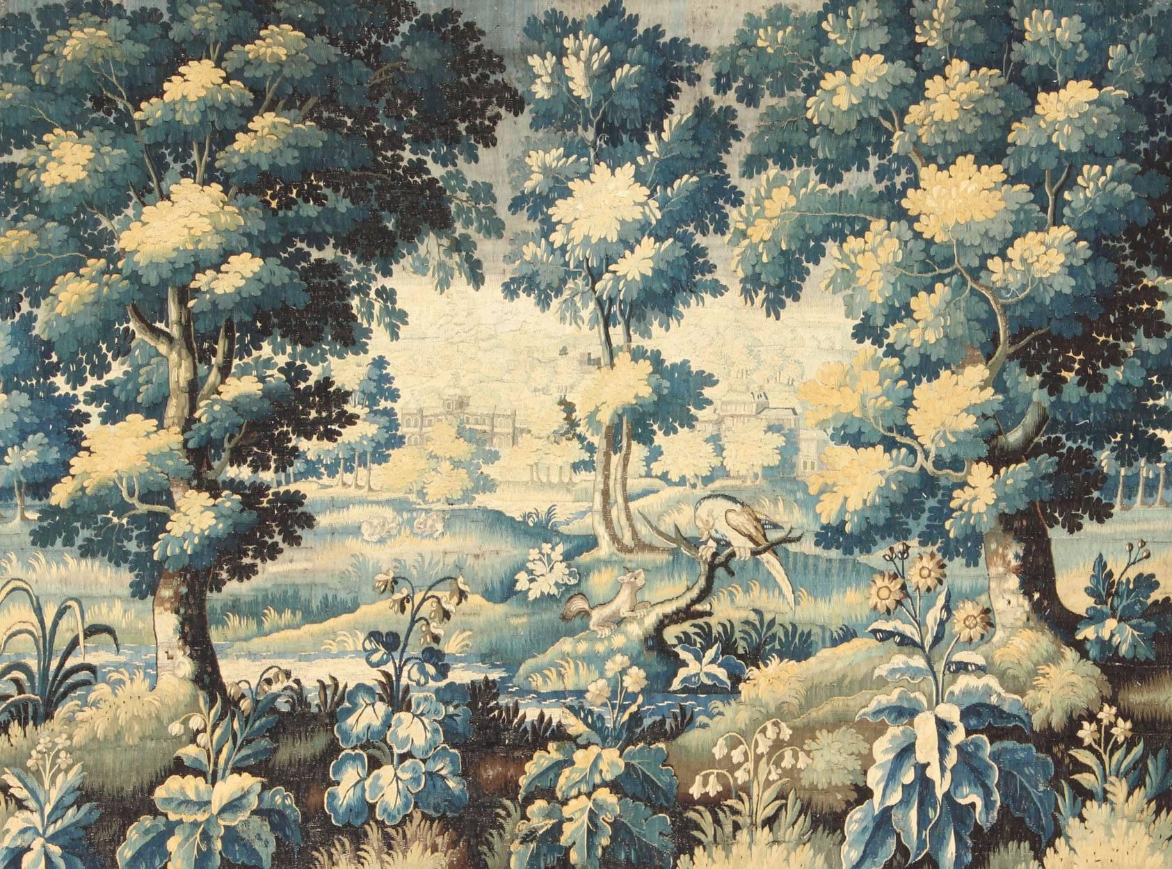 Aubusson 17th Century Antique Tapestry with Woodland Scene and Floral Border in Blue Tone For Sale