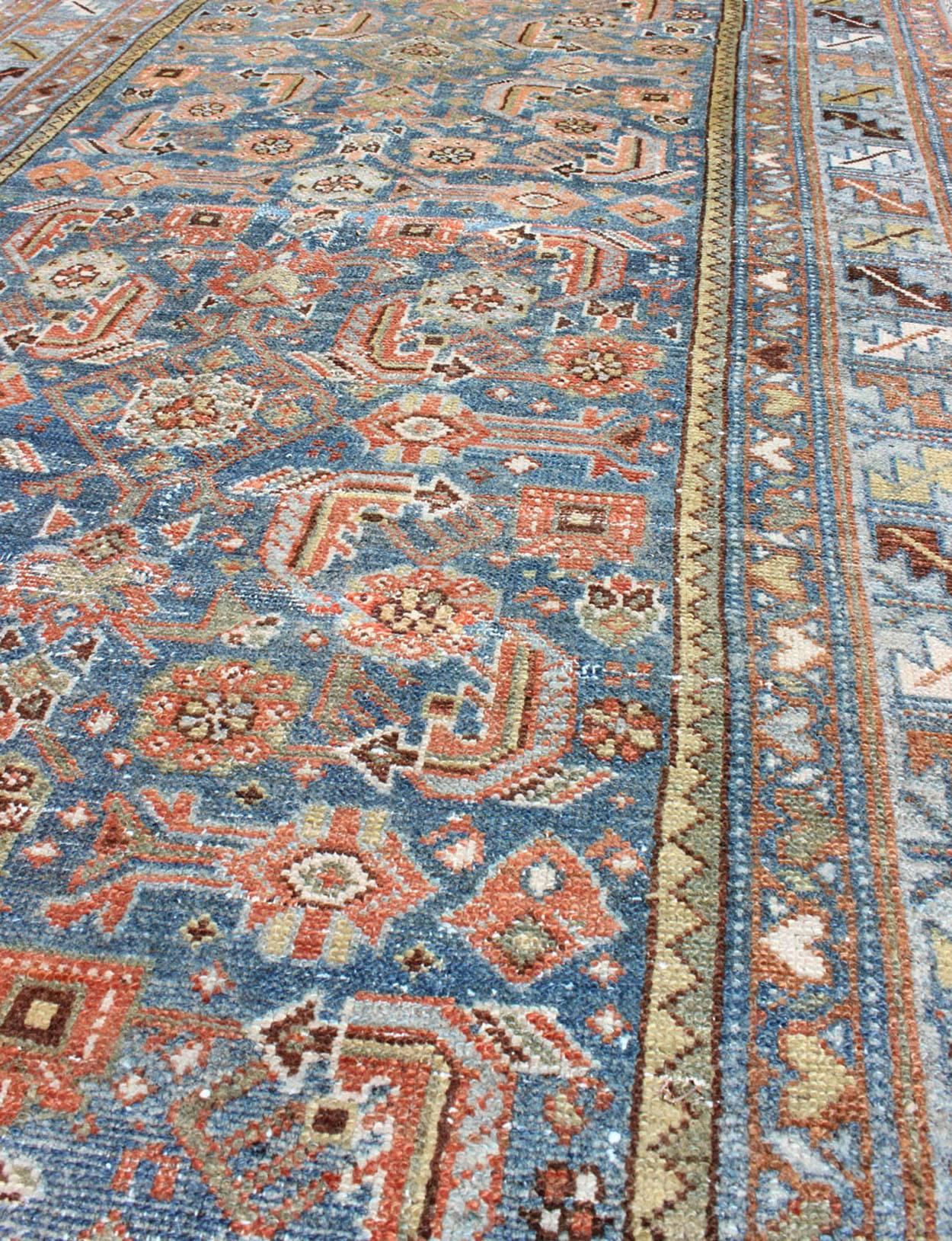 Antique Persian Malayer Runner in Light Blue and Salmon Pink In Good Condition For Sale In Atlanta, GA