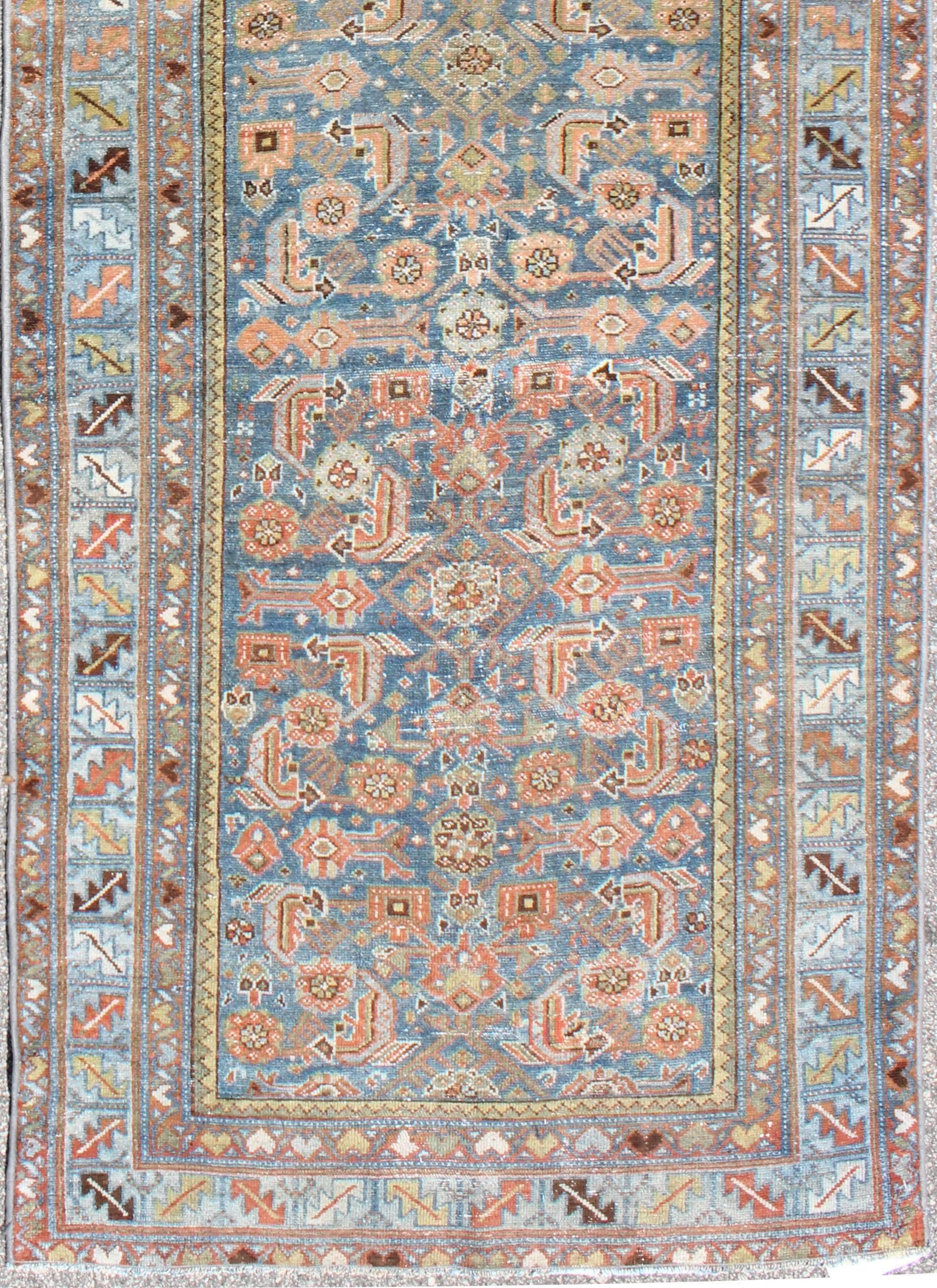 Antique Persian Malayer runner with geometrics in light blue and salmon pink, rug na-170200, country of origin / type: Iran / Malayer, circa 1910.

This magnificent antique Persian Malayer runner (circa 1910) bears a beautiful, all-over sub