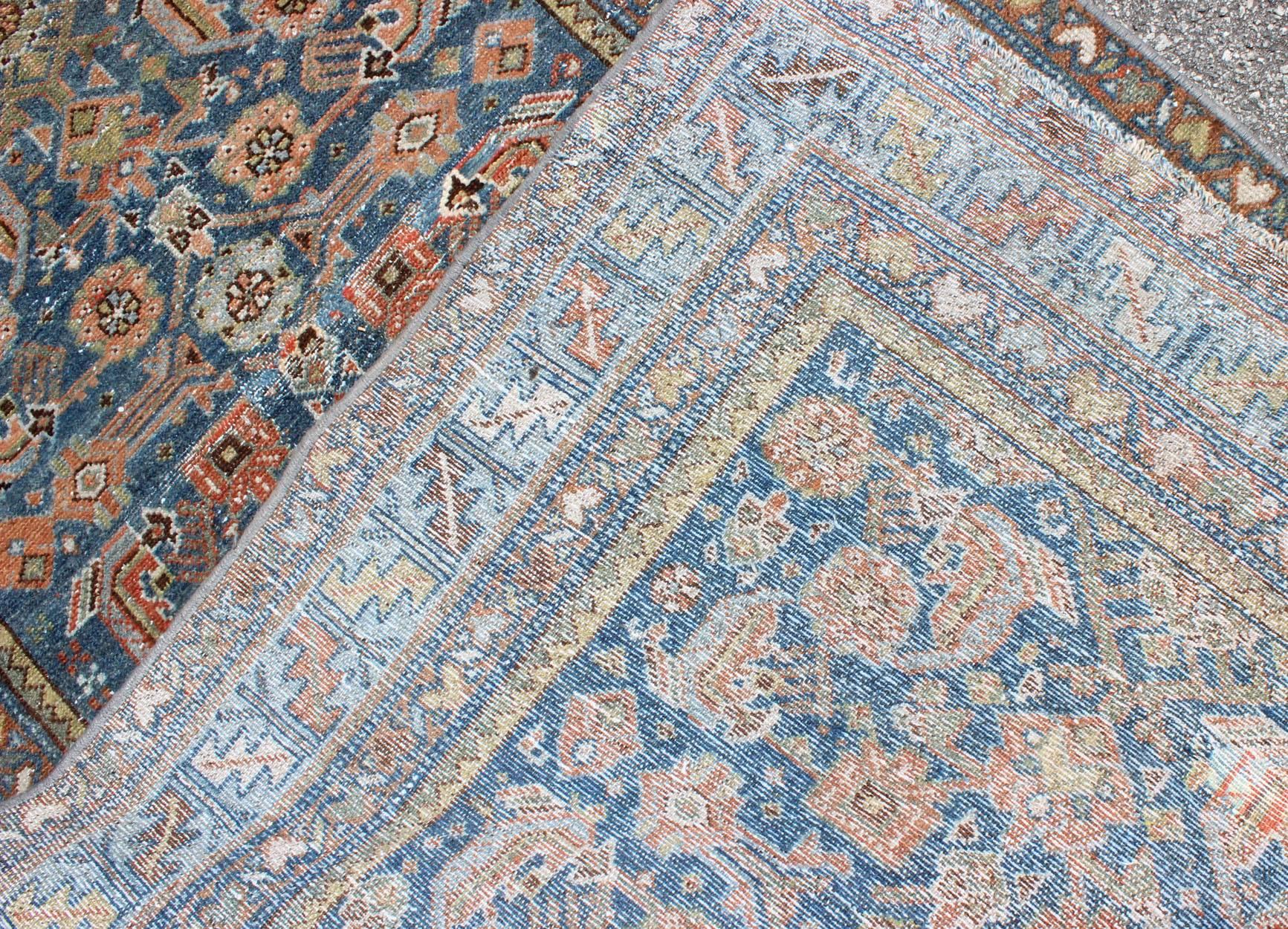 Early 20th Century Antique Persian Malayer Runner in Light Blue and Salmon Pink For Sale