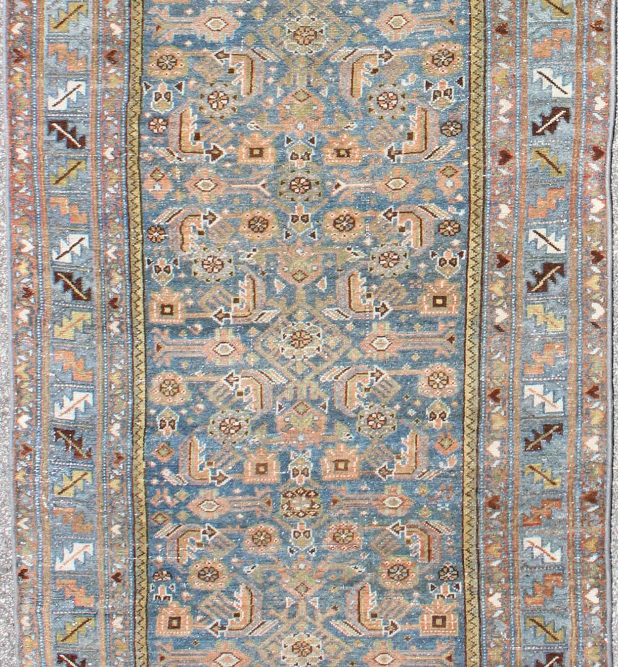 Hand-Knotted Antique Persian Malayer Runner in Light Blue and Salmon Pink For Sale