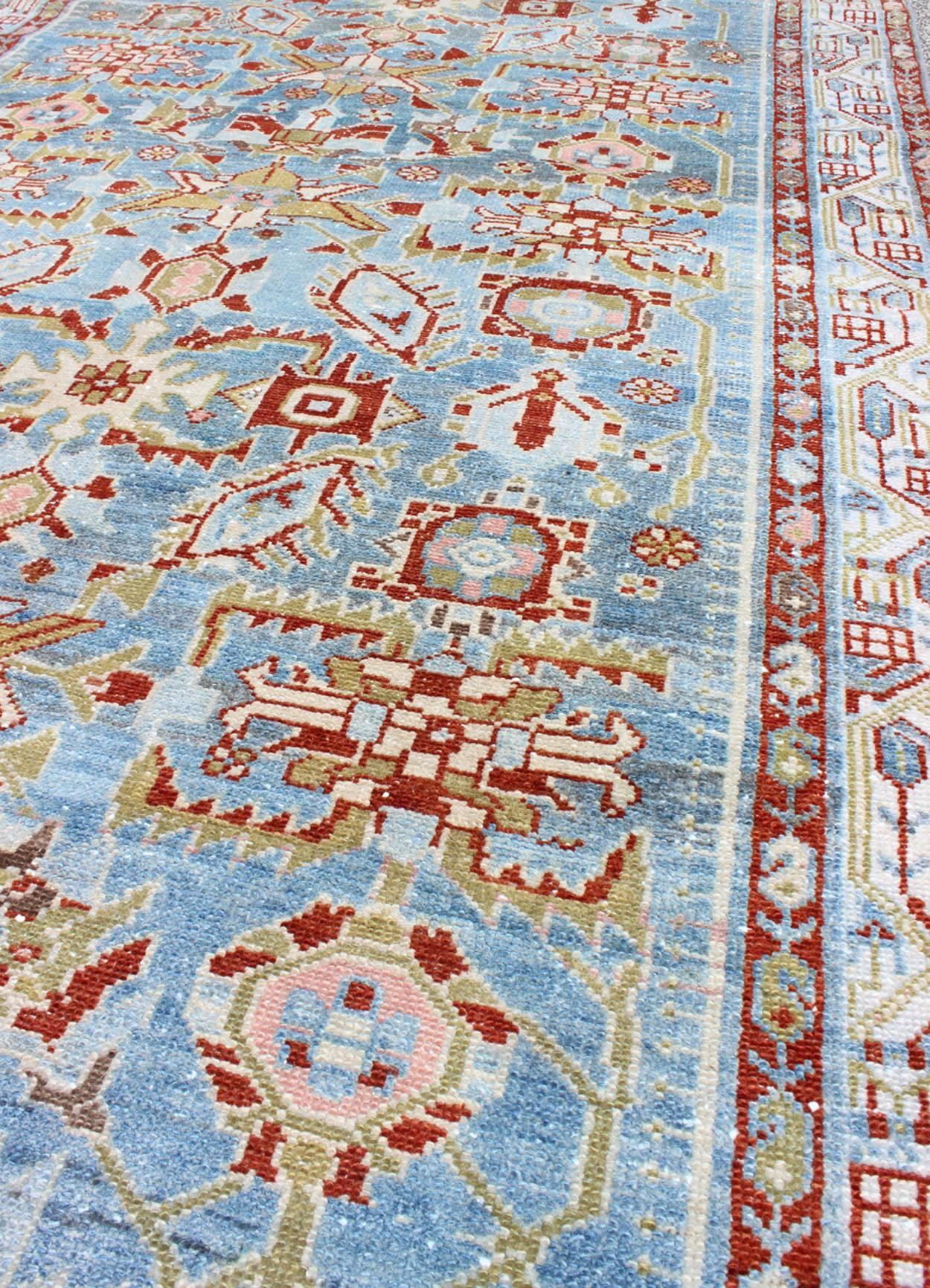 Early 20th Century Antique Persian Malayer Runner with Geometrics in Light Blue, Red and Green For Sale