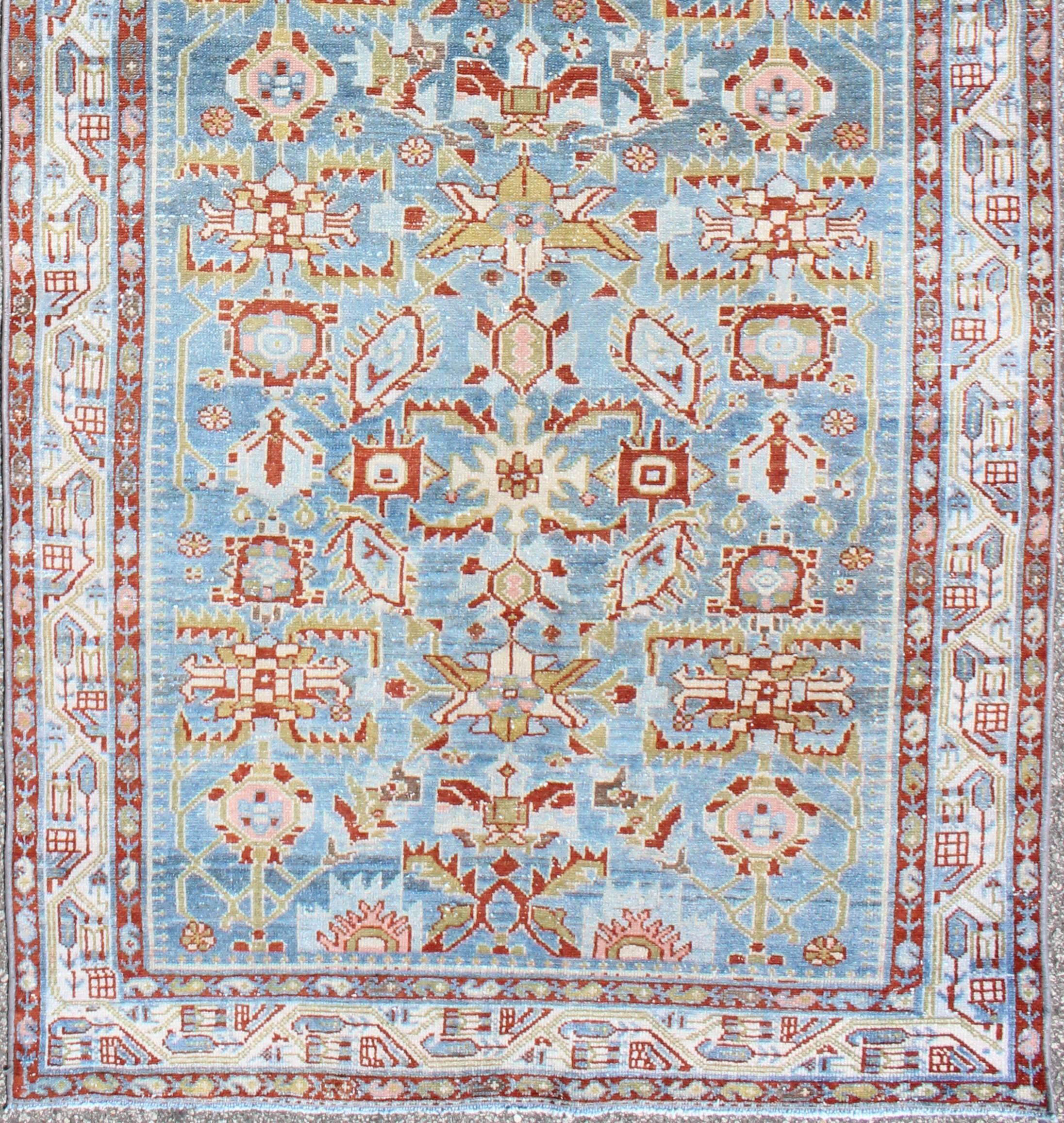 Antique Persian Malayer runner with geometrics in light blue, red and green, rug na-170201, country of origin / type: Iran / Malayer, circa 1910

This magnificent antique Persian Malayer runner (circa 1910) bears a beautiful, all-over Sub