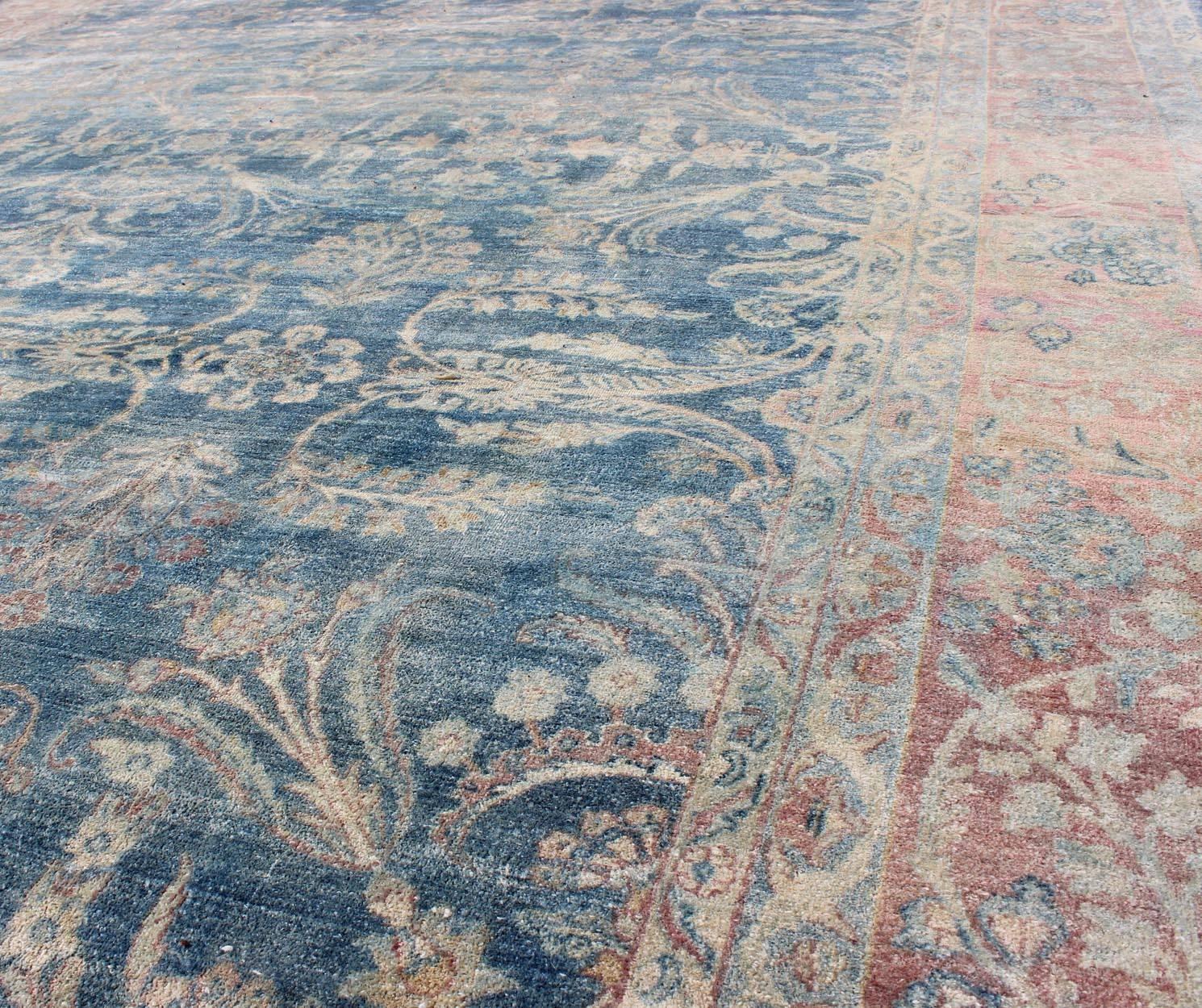 Kirman Antique Persian Kerman Rug with Paisley and Floral Motifs in Blue Field and Pink For Sale