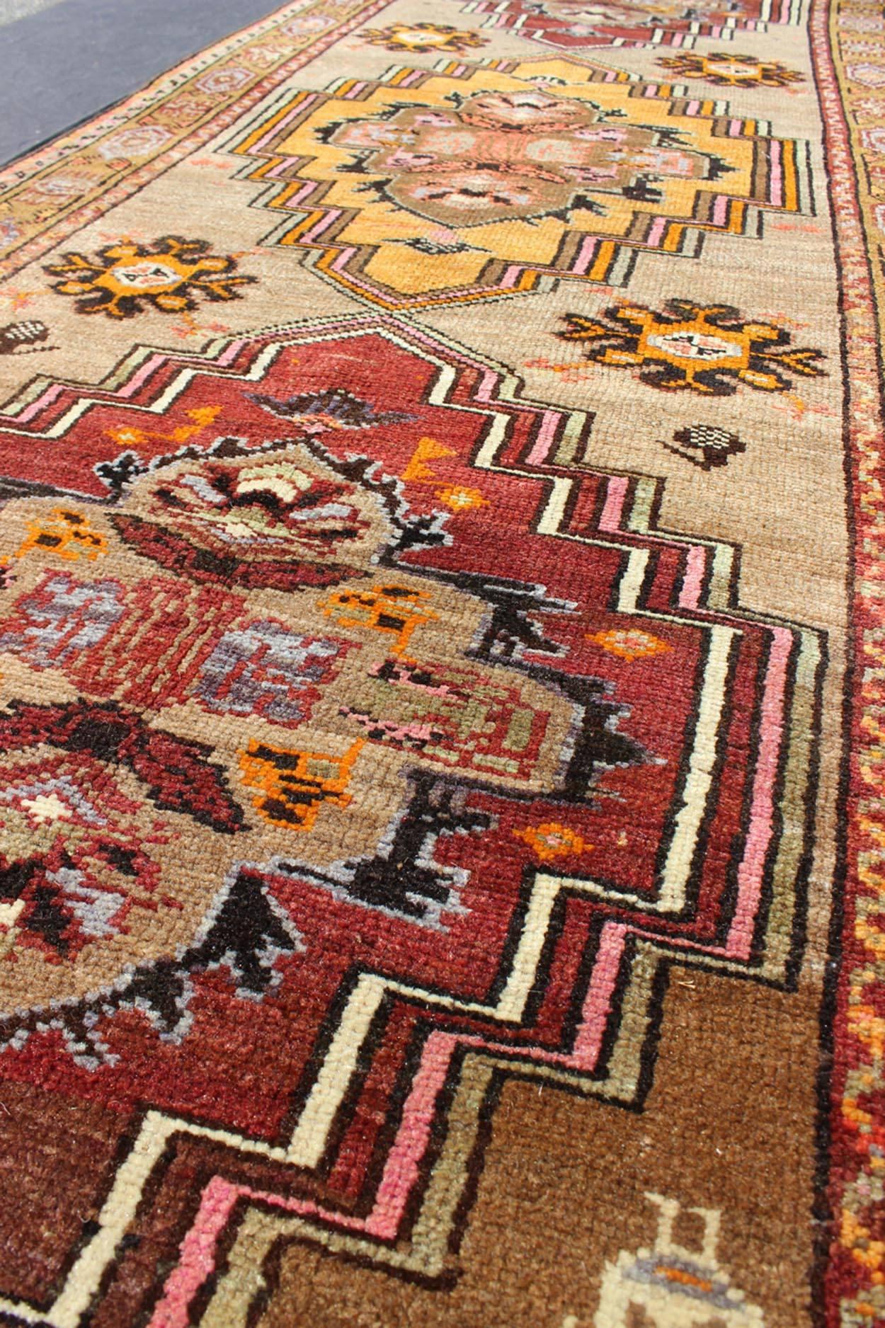 20th Century Vintage Turkish Oushak Runner with Three Medallions in Maroon, Gold, and Taupe