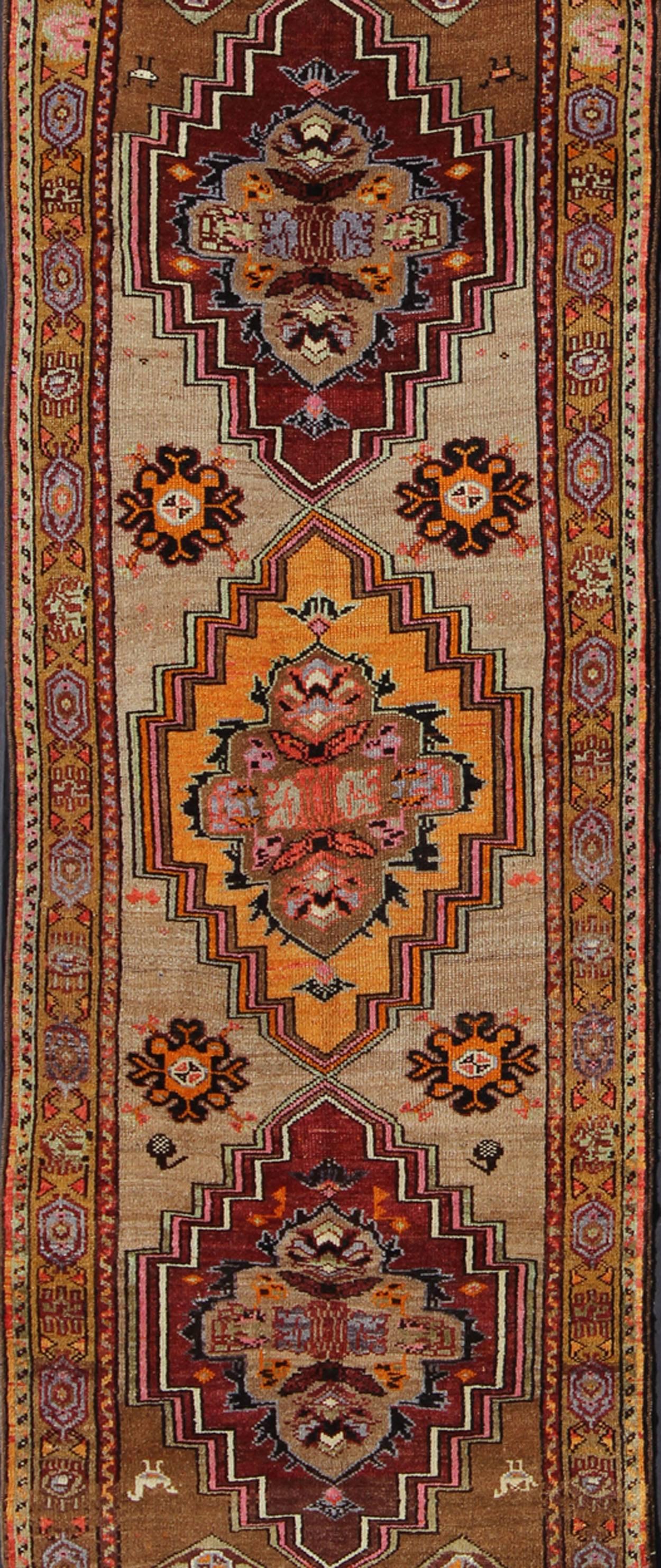 Hand-Knotted Vintage Turkish Oushak Runner with Three Medallions in Maroon, Gold, and Taupe
